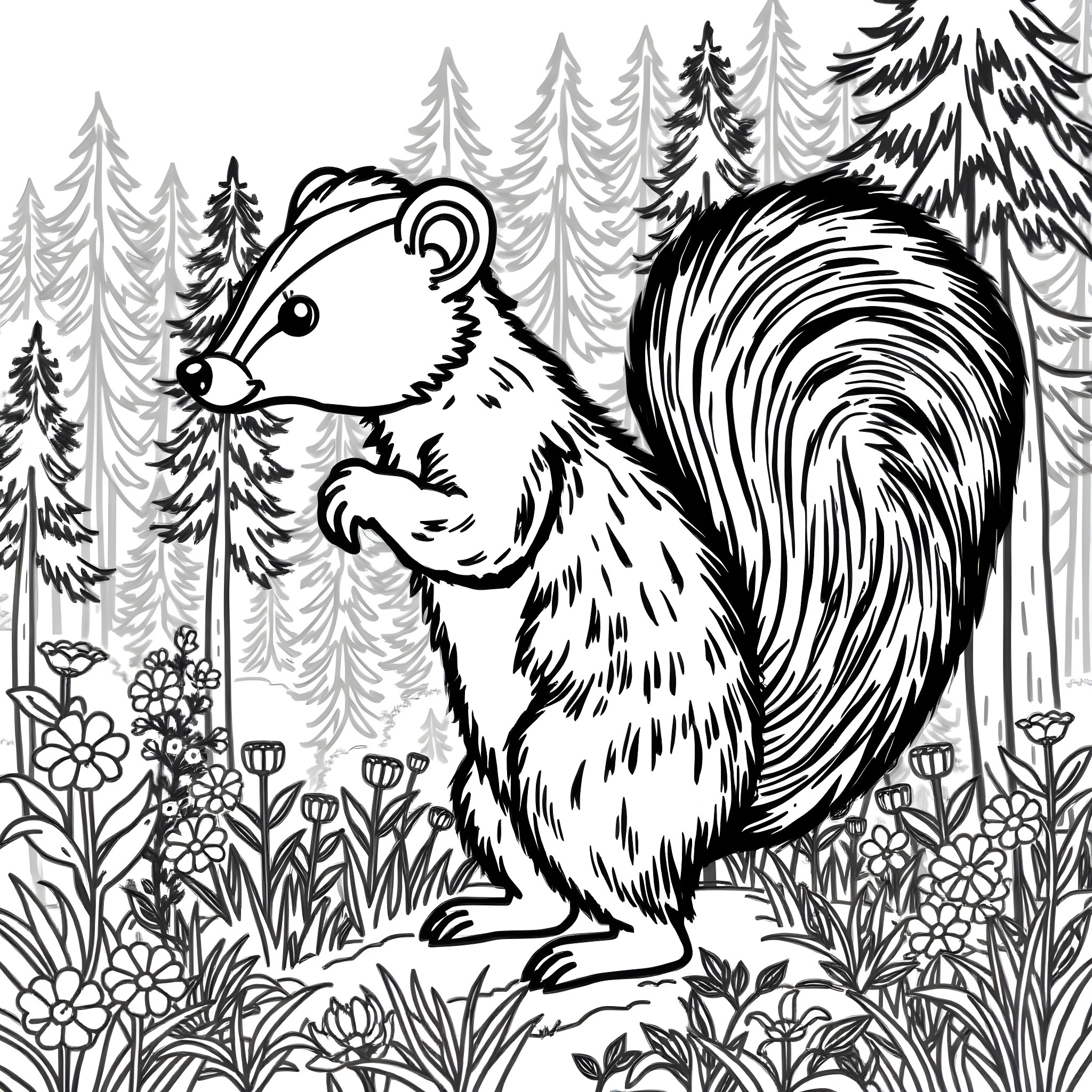 Skunk posing amidst nature's beauty Coloring Page (free black-and-white line drawing printable PDF for all, from beginners to advanced learners, including children, teens, adults, and seniors)