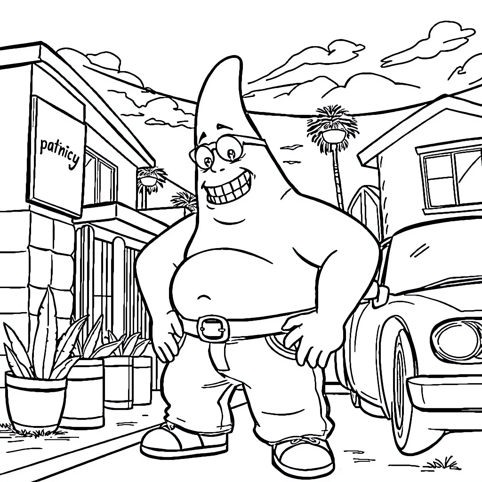 Patrick Star's wacky antics in a neighborhood setting Coloring Page (free black-and-white line drawing printable PDF for all, from beginners to advanced learners, including children, teens, adults, and seniors)