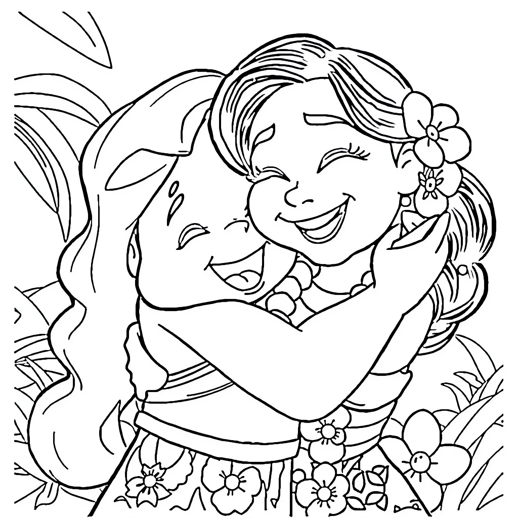 Mohana's joyful dance amidst nature's beauty Coloring Page (free black-and-white line drawing printable PDF for all, from beginners to advanced learners, including children, teens, adults, and seniors)