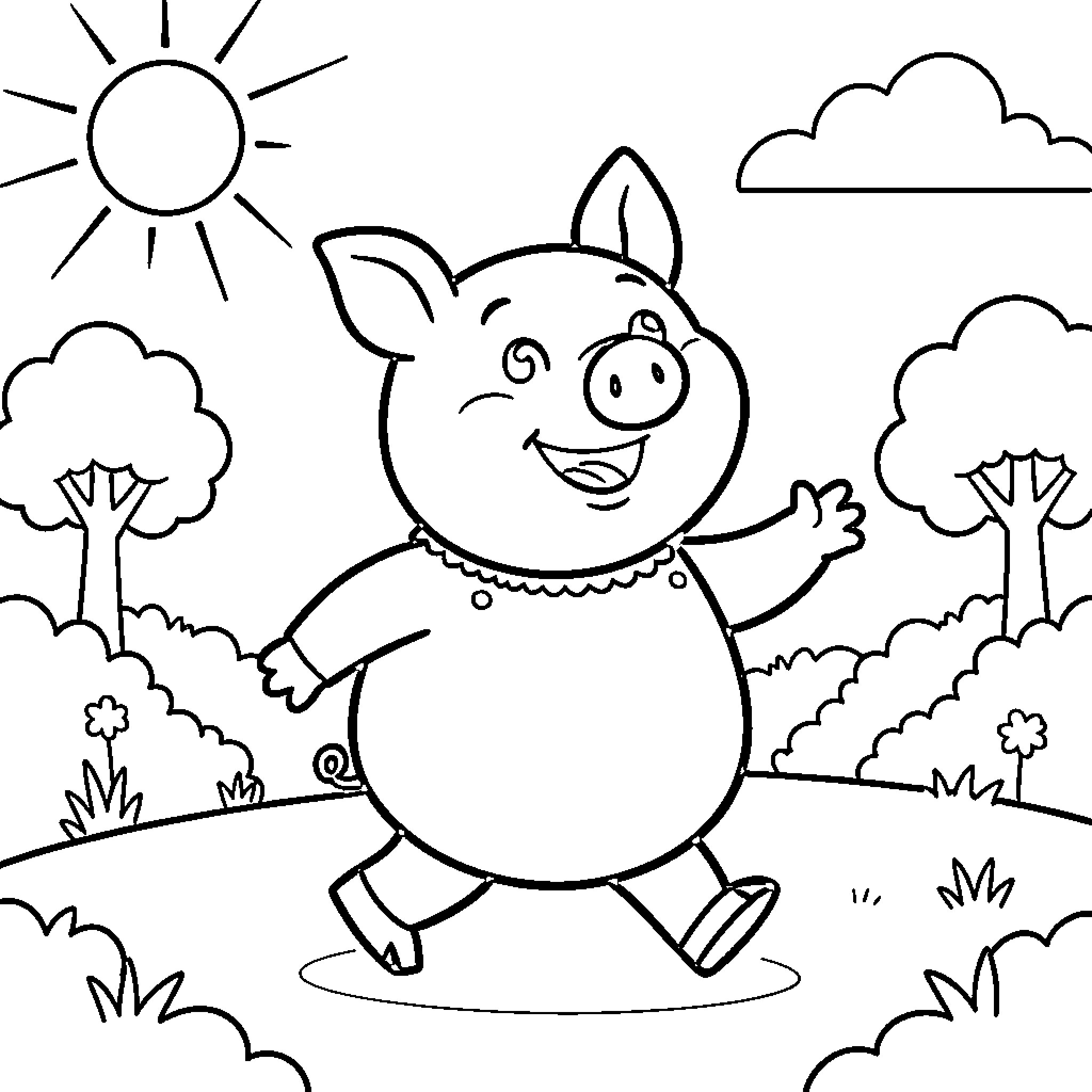 Pepa Pig walking happily in a sunny park Coloring Page (free black-and-white line drawing printable PDF for all, from beginners to advanced learners, including children, teens, adults, and seniors)