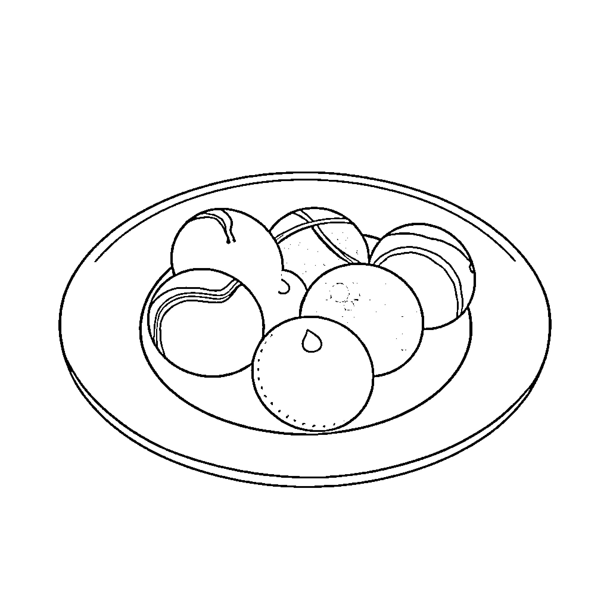 Mochi and various fruits on a plate Coloring Page (free black-and-white line drawing printable PDF for all, from beginners to advanced learners, including children, teens, adults, and seniors)