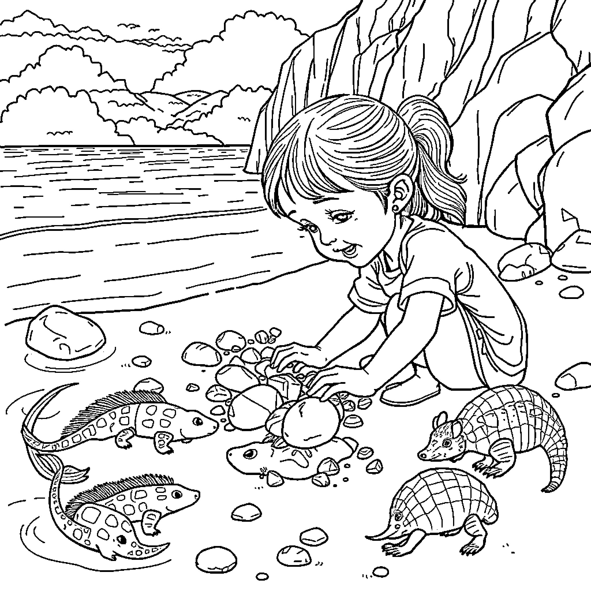 Girl exploring nature by a stream Coloring Page (free black-and-white line drawing printable PDF for all, from beginners to advanced learners, including children, teens, adults, and seniors)
