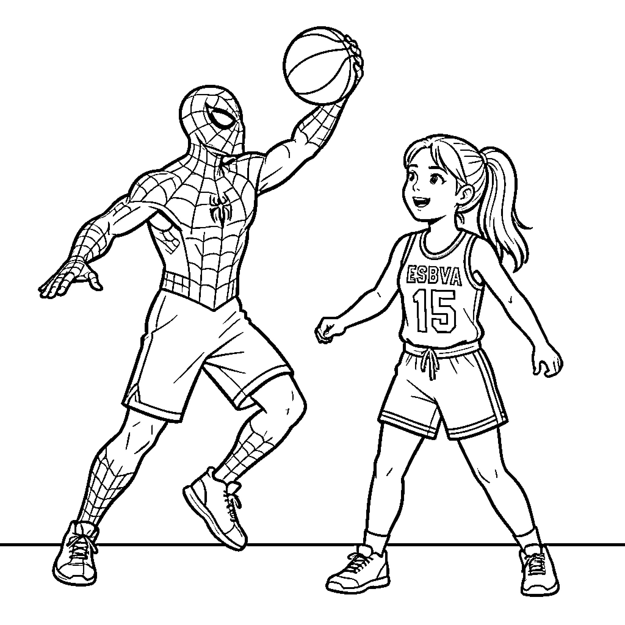 Spiderman playing basketball with a young girl Coloring Page (free black-and-white line drawing printable PDF for all, from beginners to advanced learners, including children, teens, adults, and seniors)