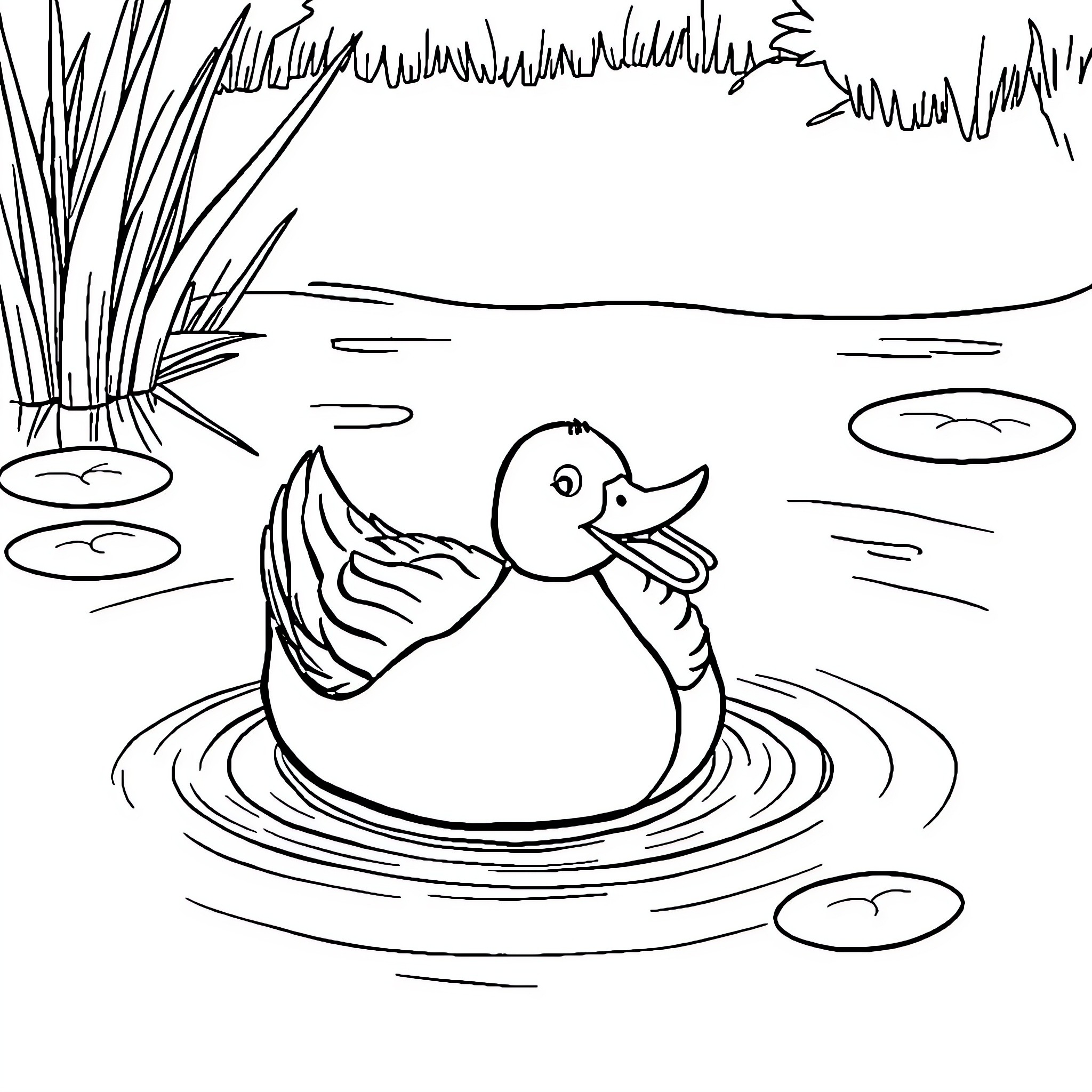 Duck swimming peacefully in the pond Coloring Page (free black-and-white line drawing printable PDF for all, from beginners to advanced learners, including children, teens, adults, and seniors)