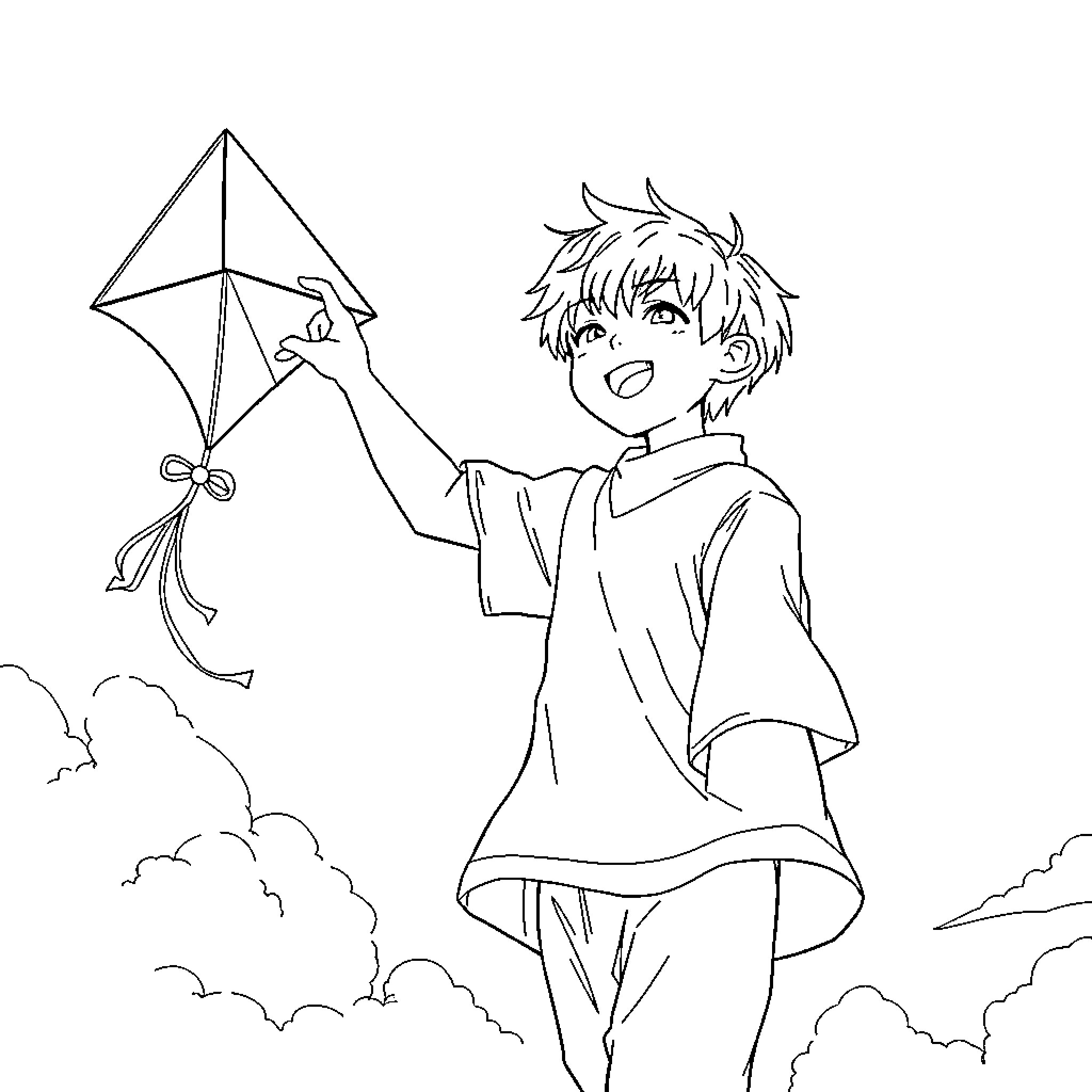 Jinu flying kite with joy and excitement Coloring Page (free black-and-white line drawing printable PDF for all, from beginners to advanced learners, including children, teens, adults, and seniors)