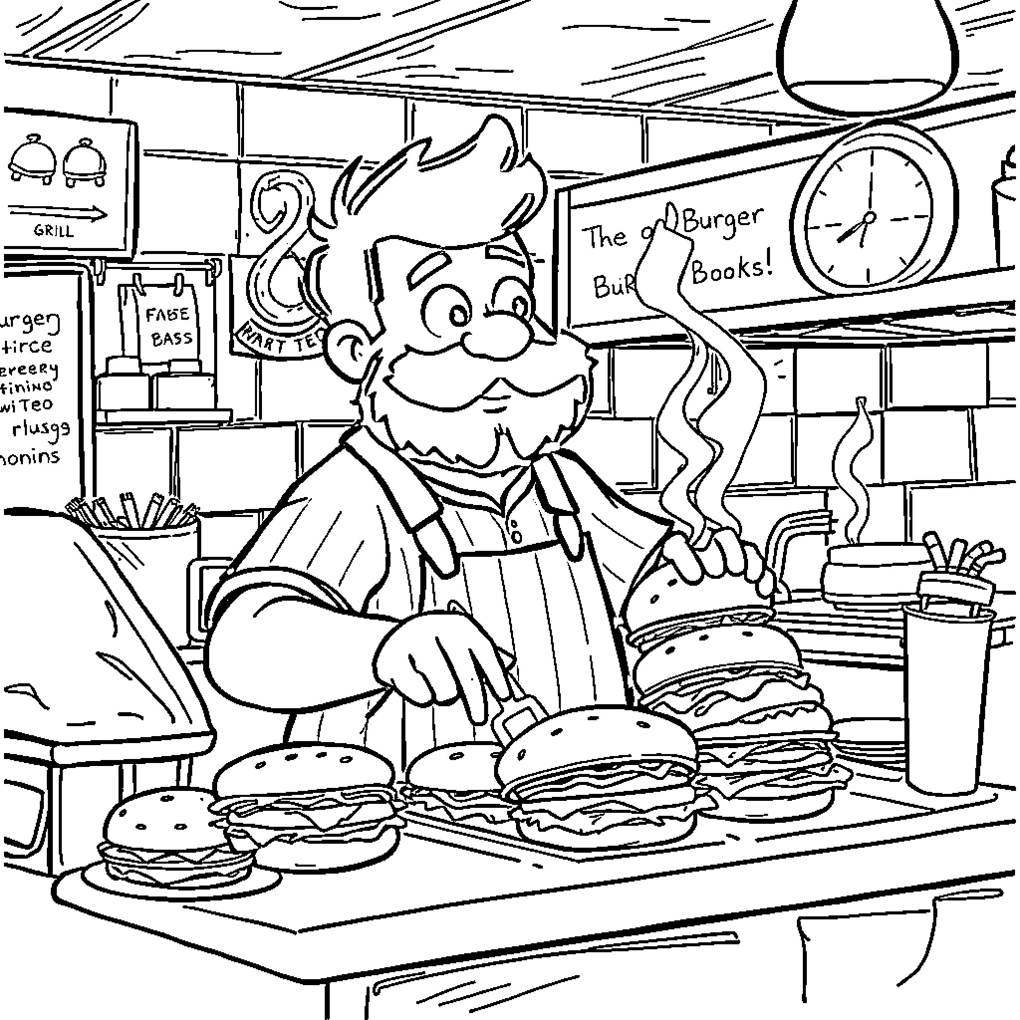 Bob's Burger Blast: A Busy Chef in Action Coloring Page (free black-and-white line drawing printable PDF for all, from beginners to advanced learners, including children, teens, adults, and seniors)