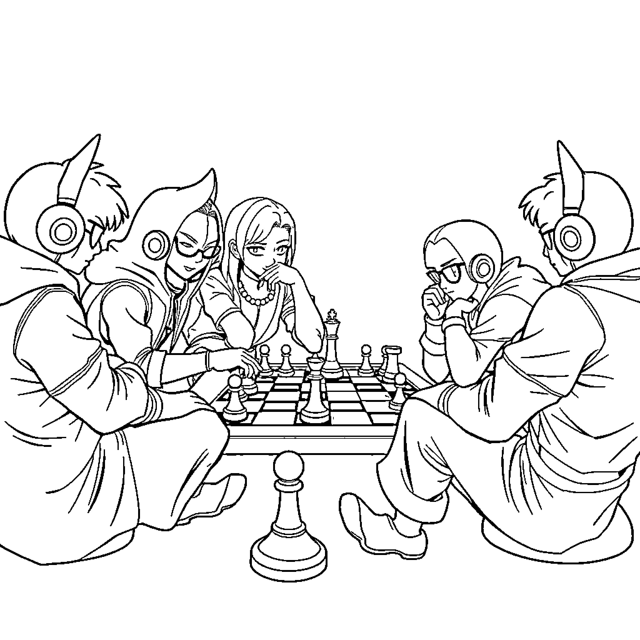 BT21 Characters Engaged in Chess Game Coloring Page (free black-and-white line drawing printable PDF for all, from beginners to advanced learners, including children, teens, adults, and seniors)