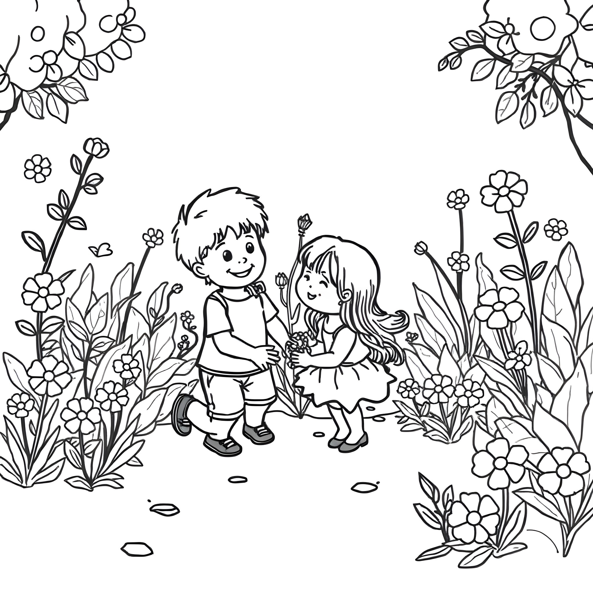 Child playing together in flowery meadow Coloring Page (free black-and-white line drawing printable PDF for all, from beginners to advanced learners, including children, teens, adults, and seniors)
