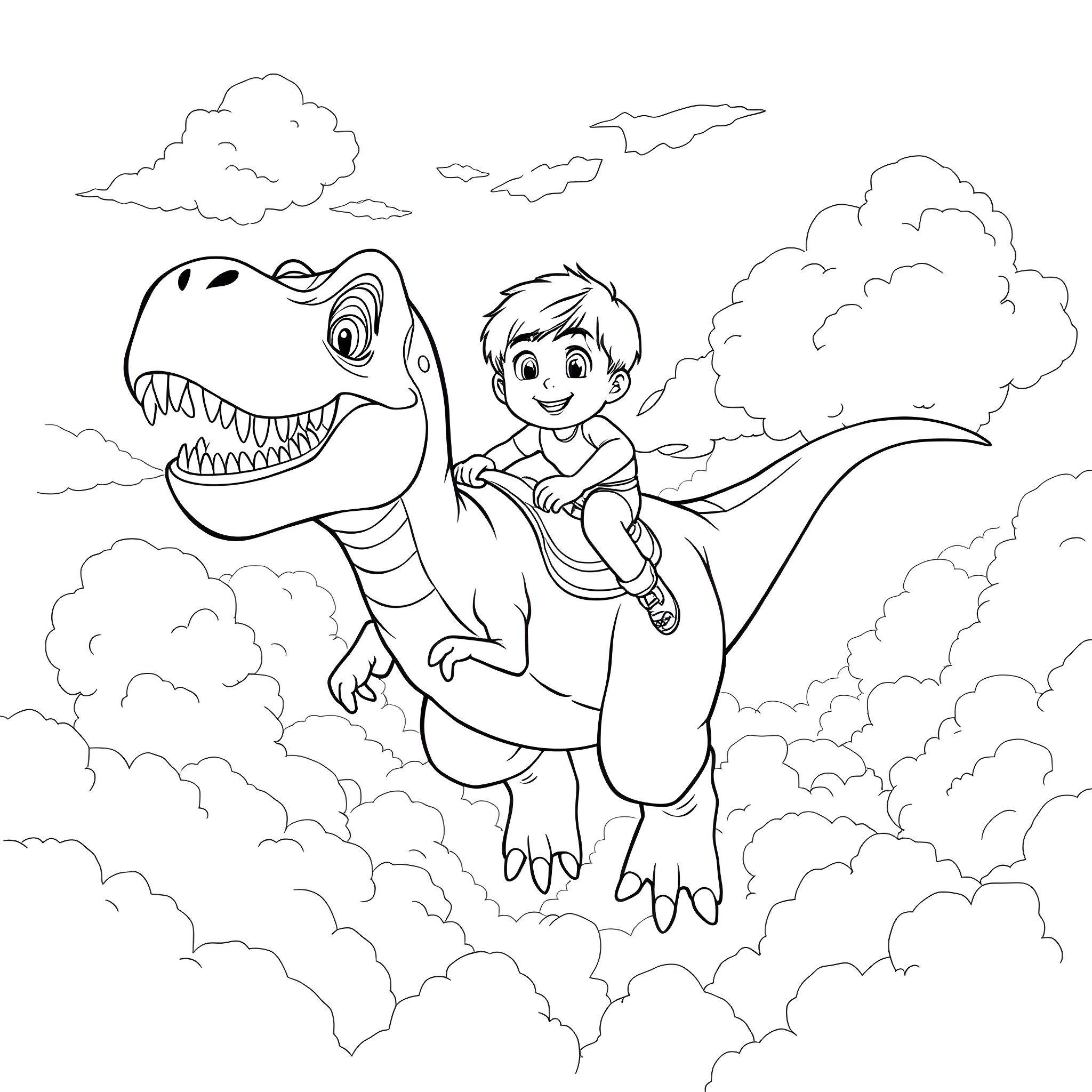 Boy riding a dinosaur in the clouds Coloring Page (free black-and-white line drawing printable PDF for all, from beginners to advanced learners, including children, teens, adults, and seniors)