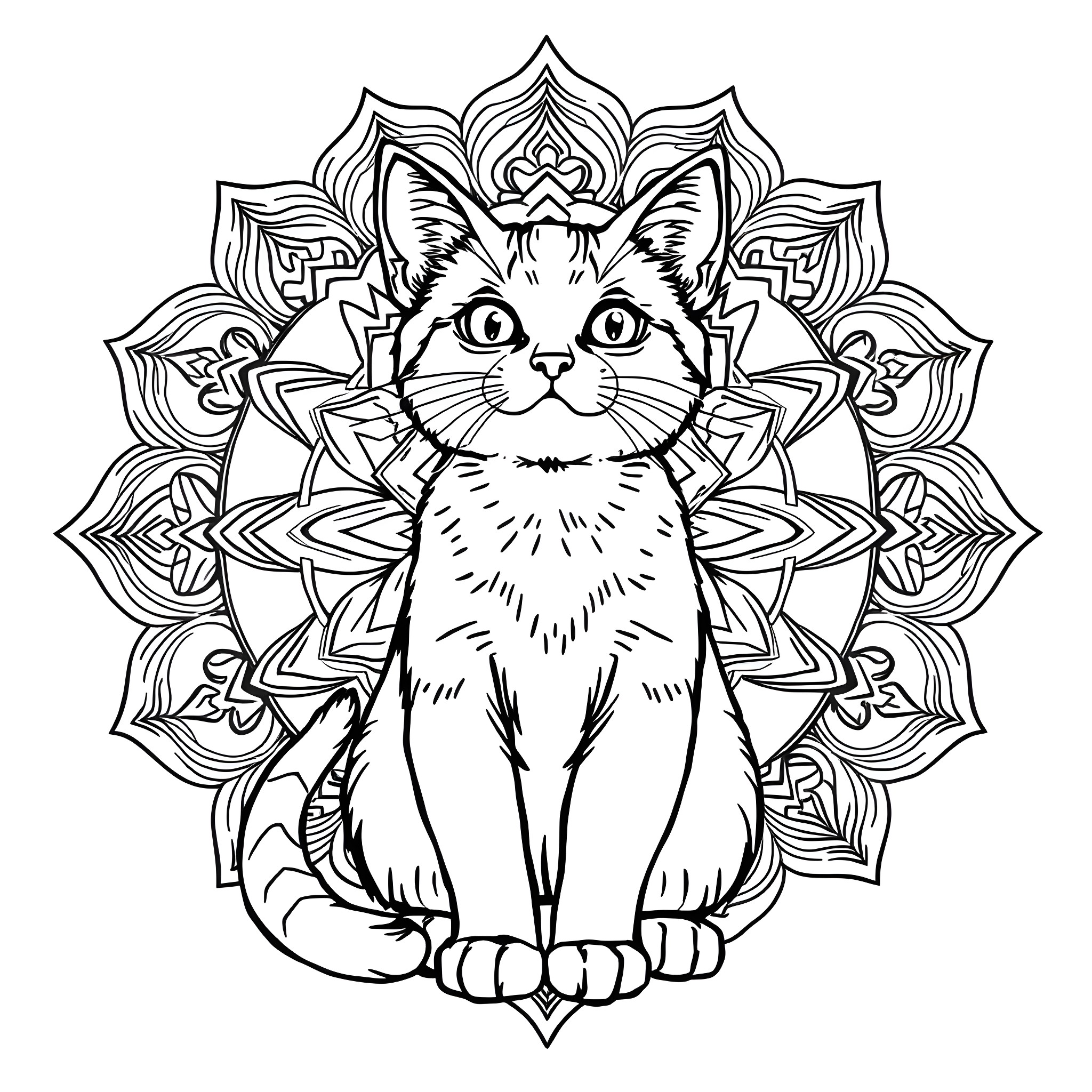 Cat in ornate mandala frame Coloring Page (free black-and-white line drawing printable PDF for all, from beginners to advanced learners, including children, teens, adults, and seniors)