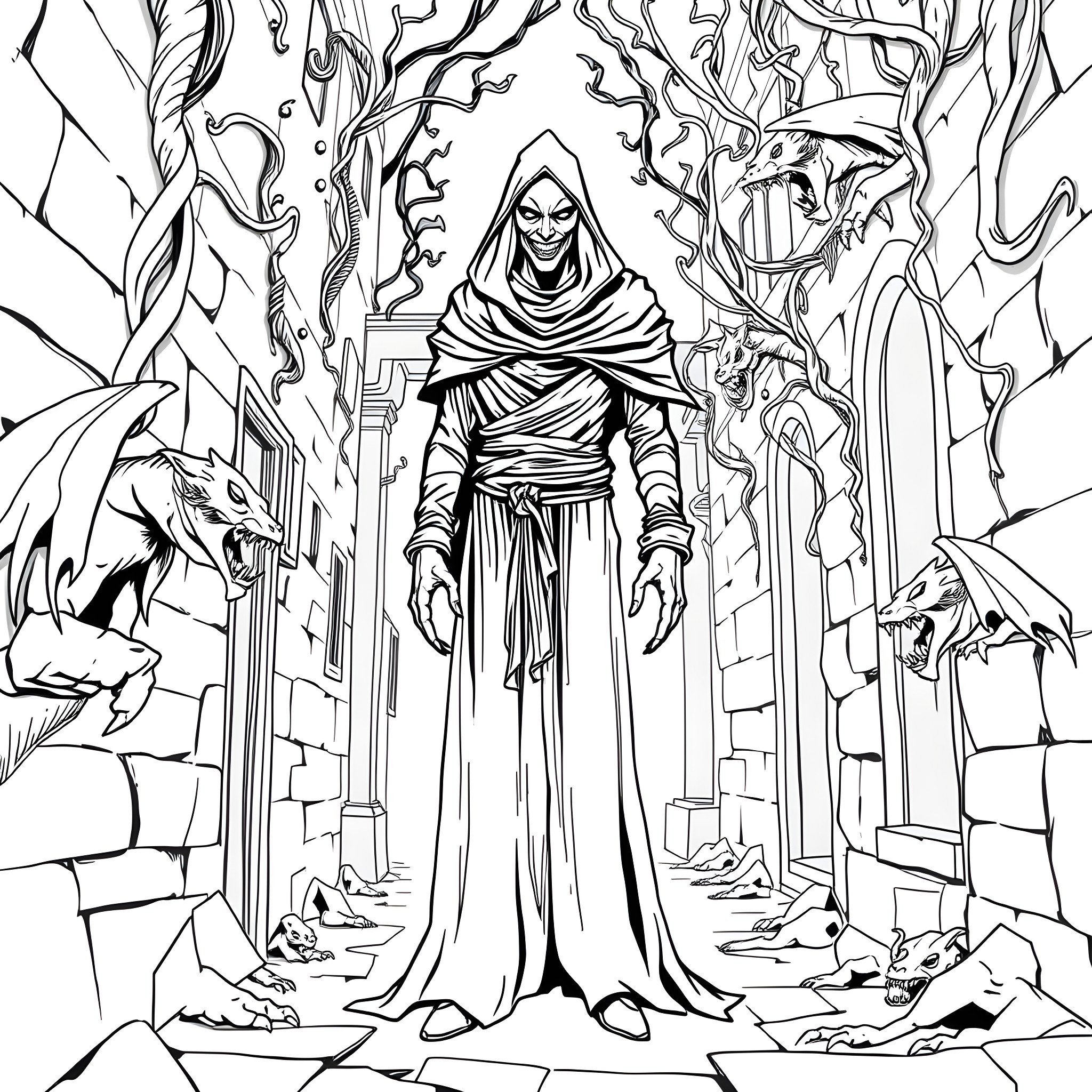 Man in dark robe walking through mysterious forest Coloring Page (free black-and-white line drawing printable PDF for all, from beginners to advanced learners, including children, teens, adults, and seniors)