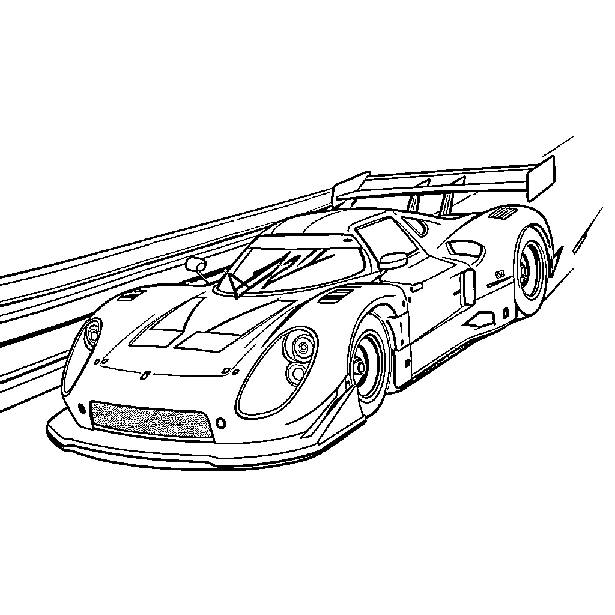 Racecar speeding down the track Coloring Page (free black-and-white line drawing printable PDF for all, from beginners to advanced learners, including children, teens, adults, and seniors)