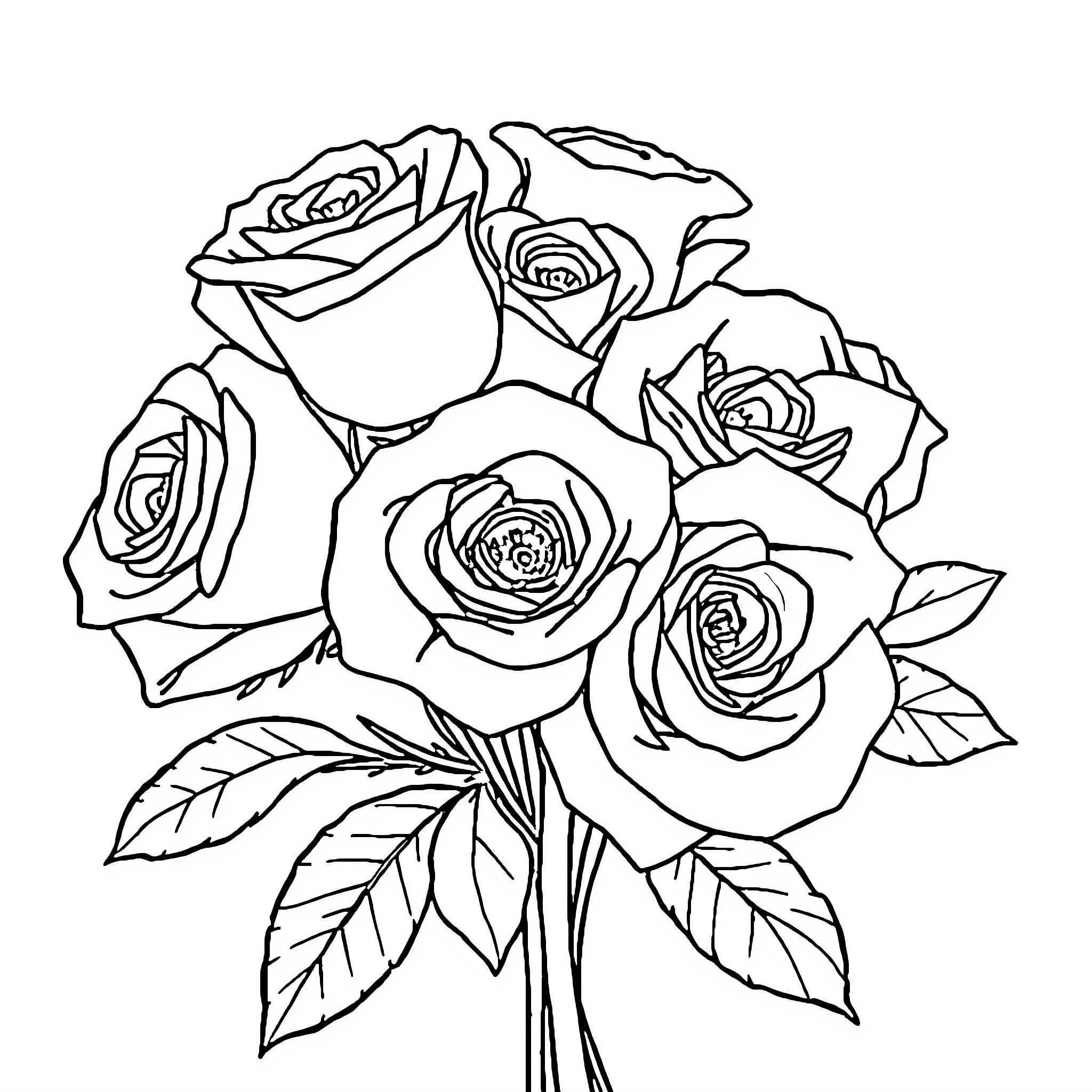 Rose Bouquet Blossoming Gracefully Coloring Page (free black-and-white line drawing printable PDF for all, from beginners to advanced learners, including children, teens, adults, and seniors)