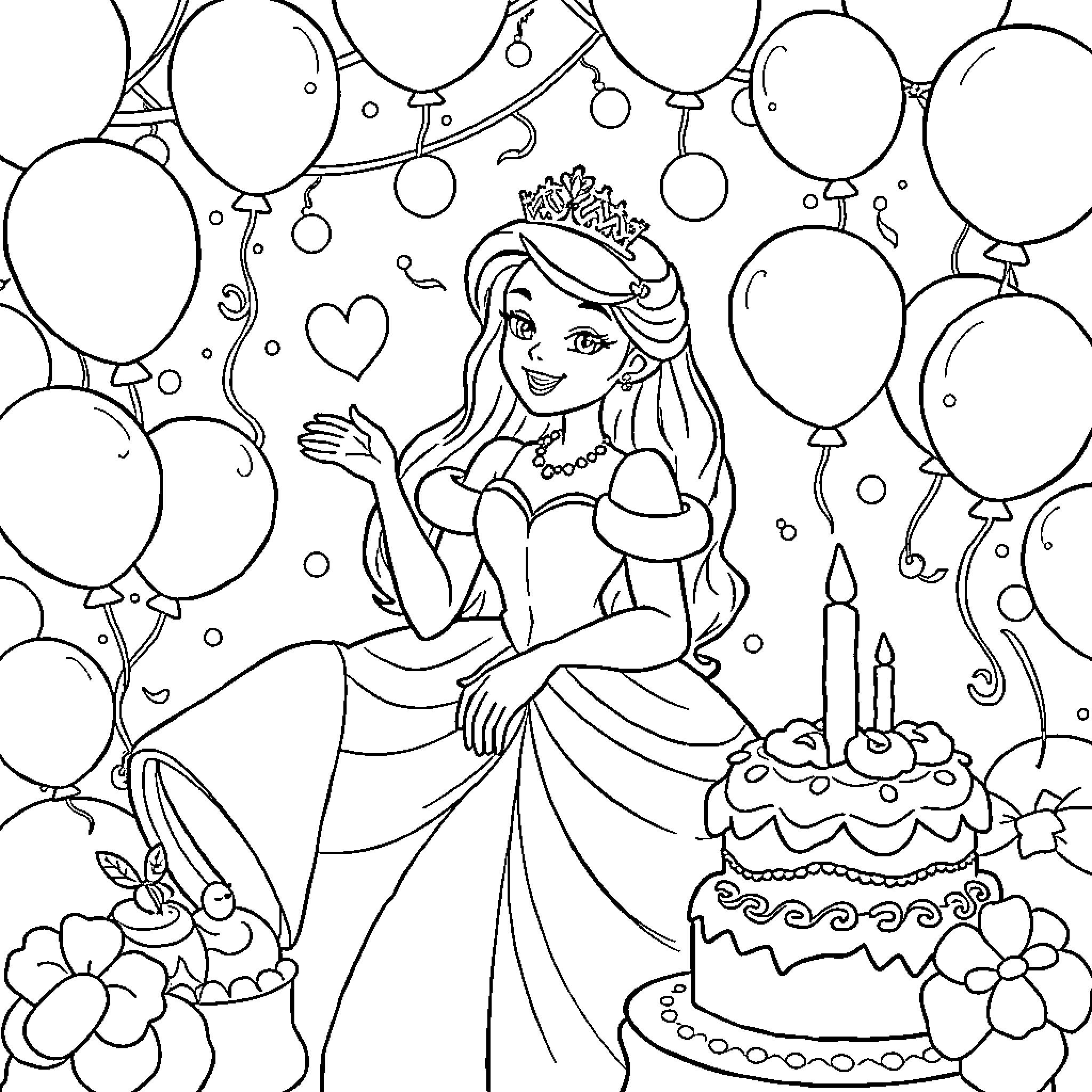 Disney Princess Celebrates Birthday Party with Balloons Coloring Page (free black-and-white line drawing printable PDF for all, from beginners to advanced learners, including children, teens, adults, and seniors)