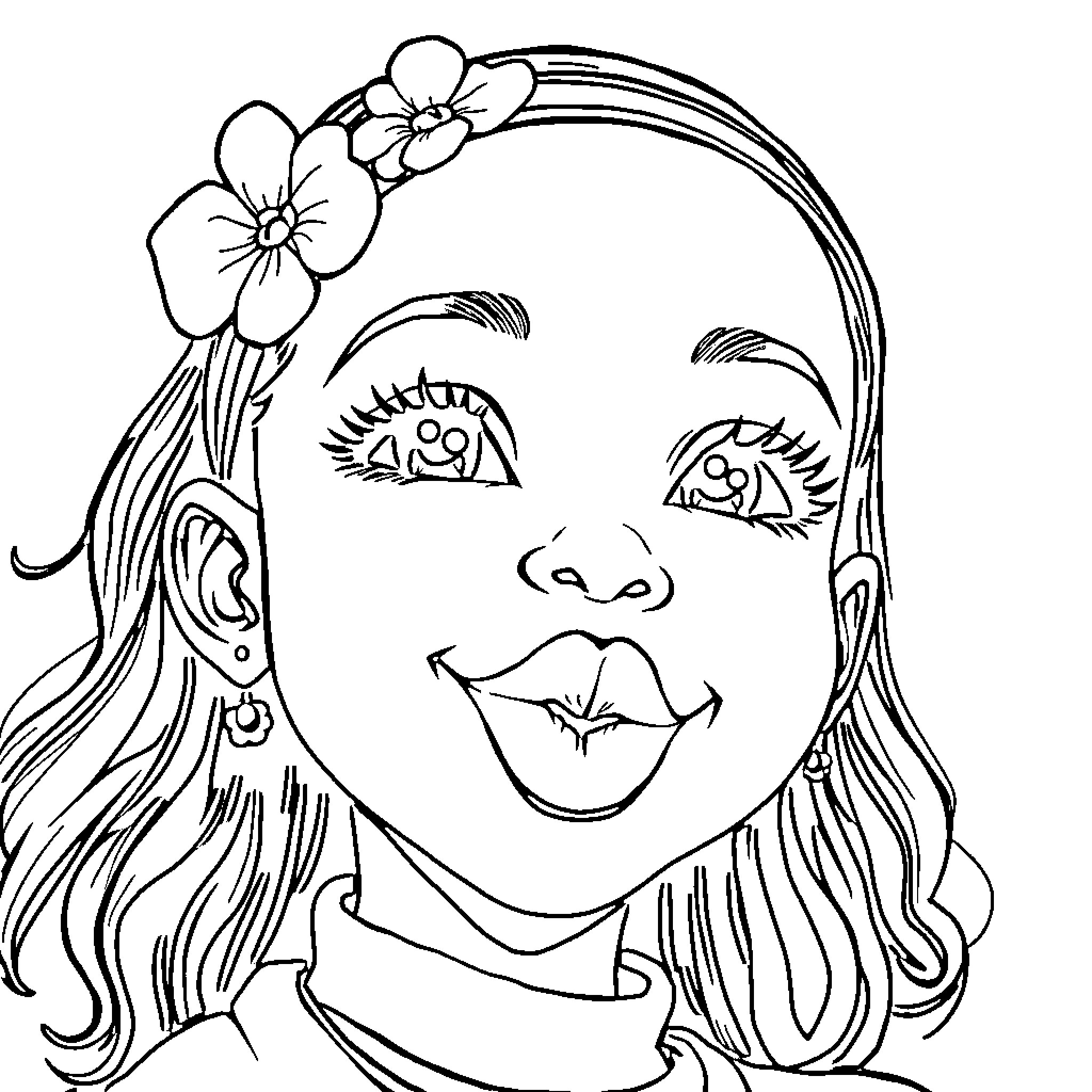Girl with floral headpiece and playful expression Coloring Page (free black-and-white line drawing printable PDF for all, from beginners to advanced learners, including children, teens, adults, and seniors)