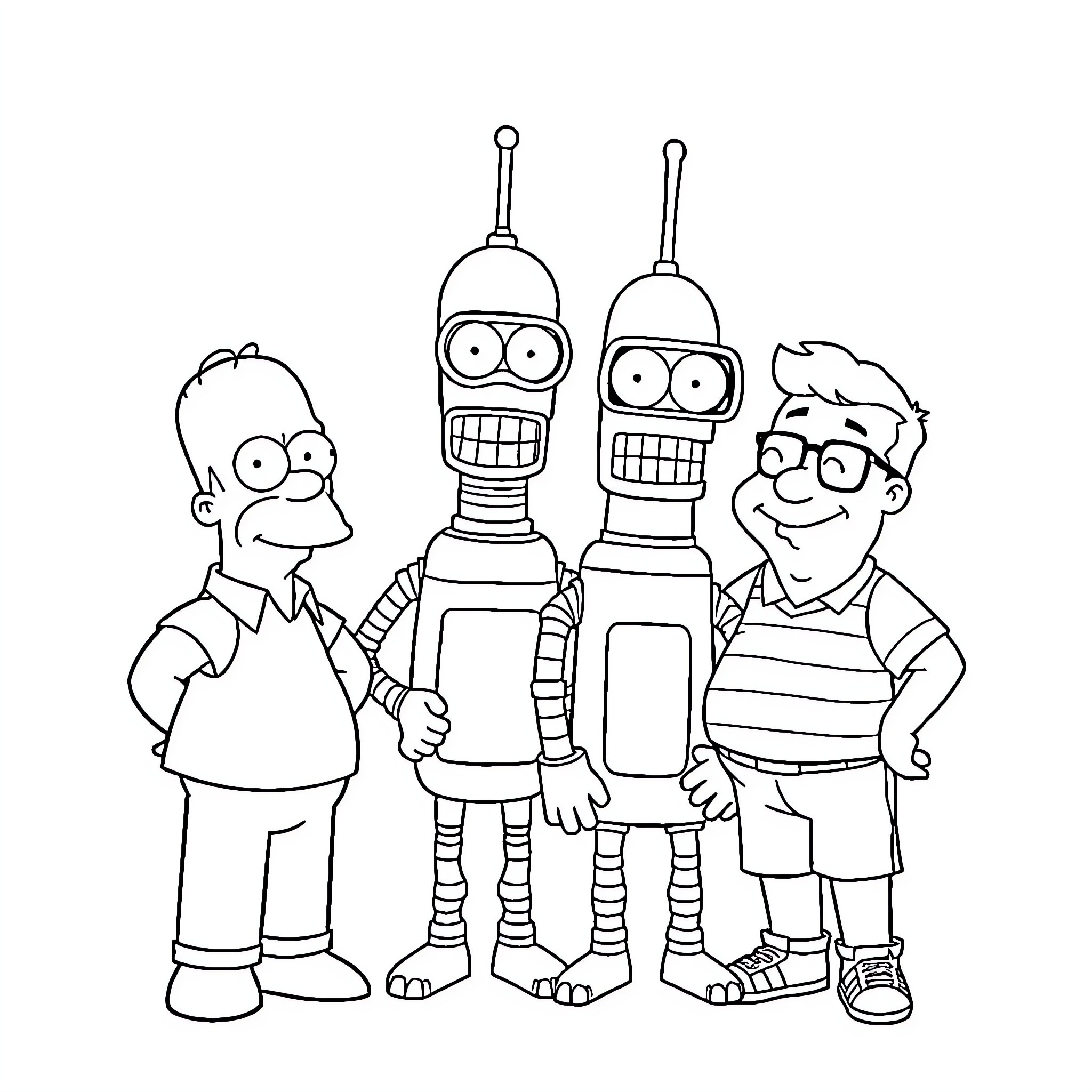 Character Cartoon Robots and Friends in Silly Poses Coloring Page (free black-and-white line drawing printable PDF for all, from beginners to advanced learners, including children, teens, adults, and seniors)