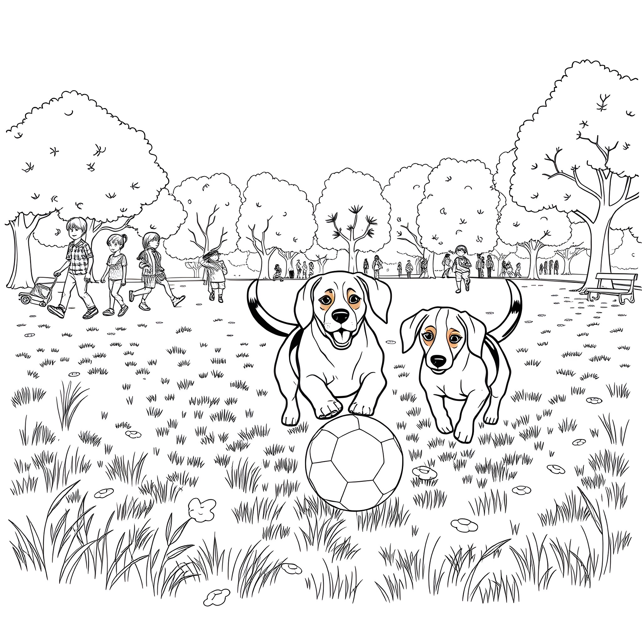Beagle dogs playing with soccer ball in the park Coloring Page (free black-and-white line drawing printable PDF for all, from beginners to advanced learners, including children, teens, adults, and seniors)