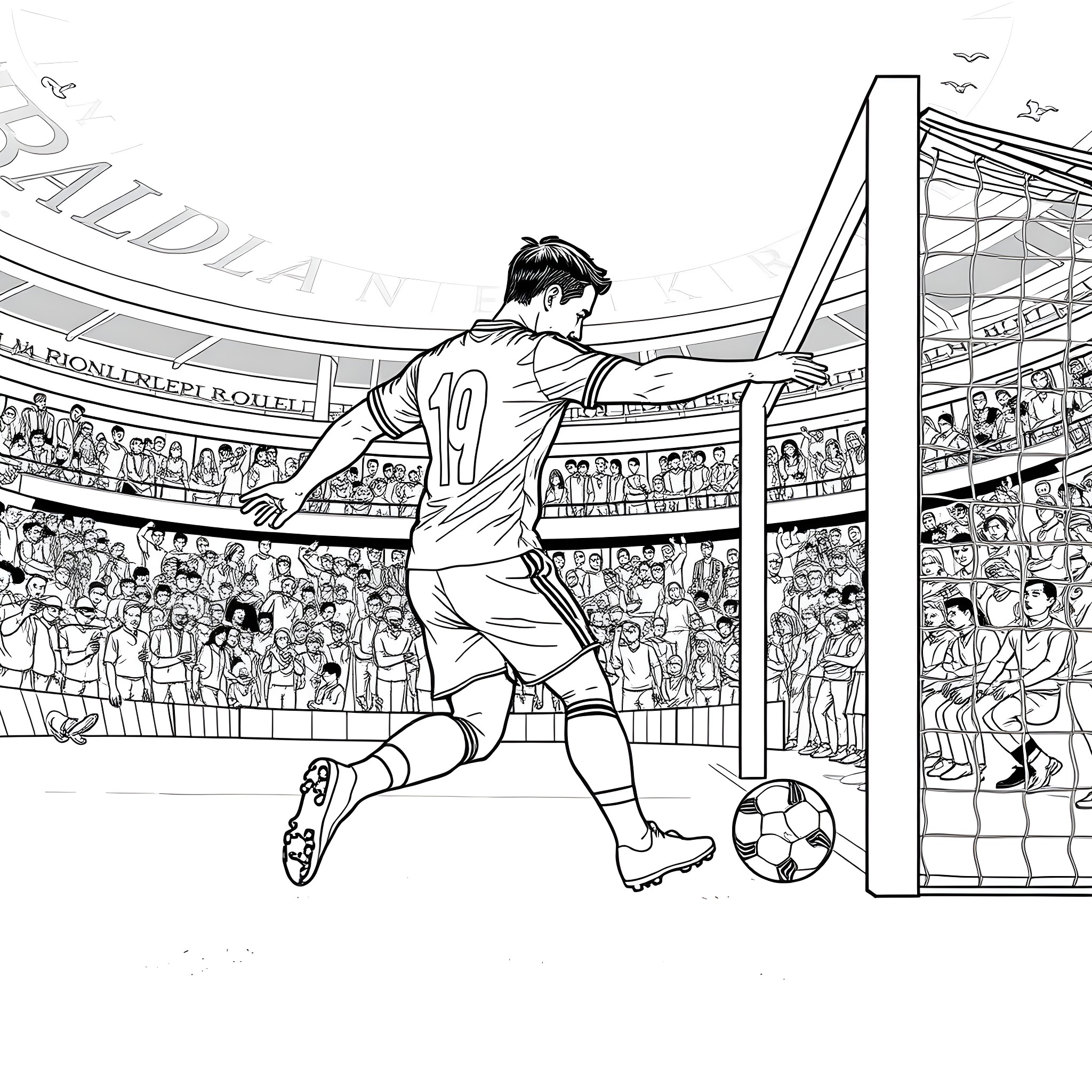 Ronaldo's Legendary Soccer Performance in the Stadium Coloring Page (free black-and-white line drawing printable PDF for all, from beginners to advanced learners, including children, teens, adults, and seniors)