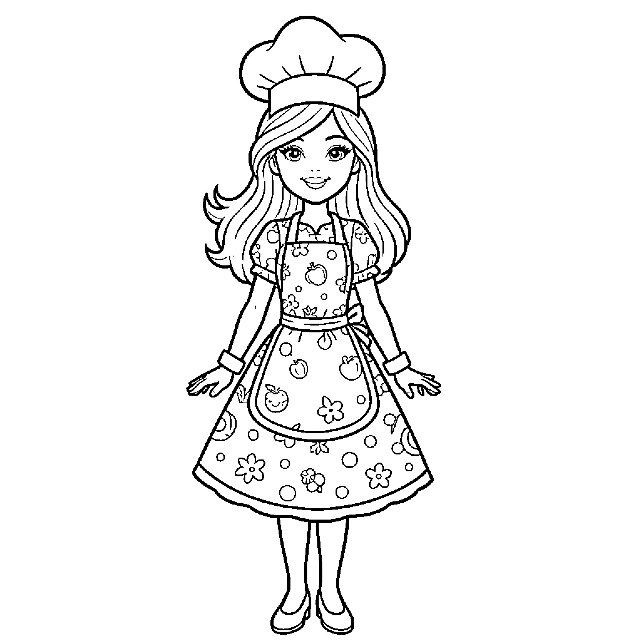 Barbie in Chef's Attire with Floral Dress Coloring Page (free black-and-white line drawing printable PDF for all, from beginners to advanced learners, including children, teens, adults, and seniors)