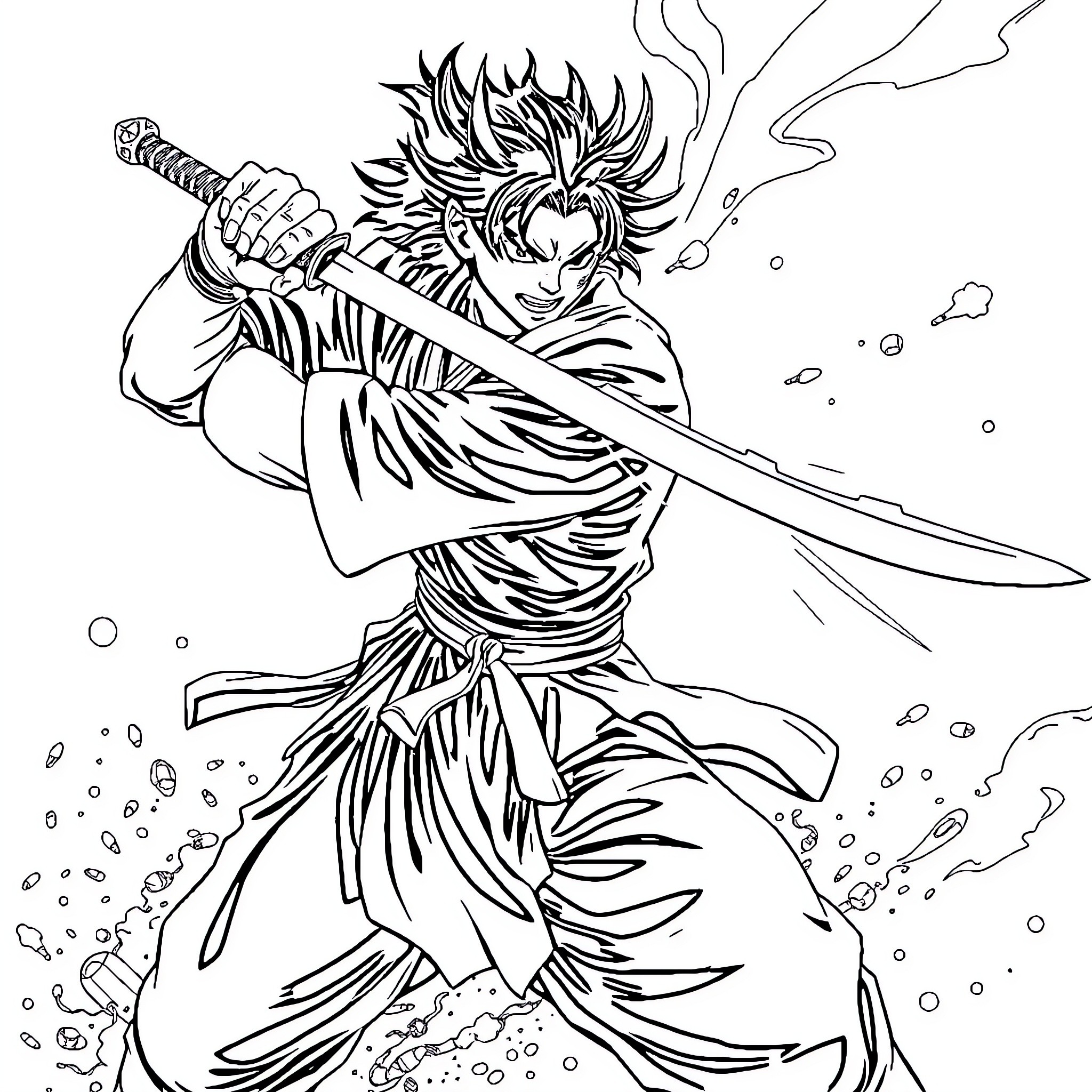 Tanjiro's Fierce Swordsmanship in Action Coloring Page (free black-and-white line drawing printable PDF for all, from beginners to advanced learners, including children, teens, adults, and seniors)