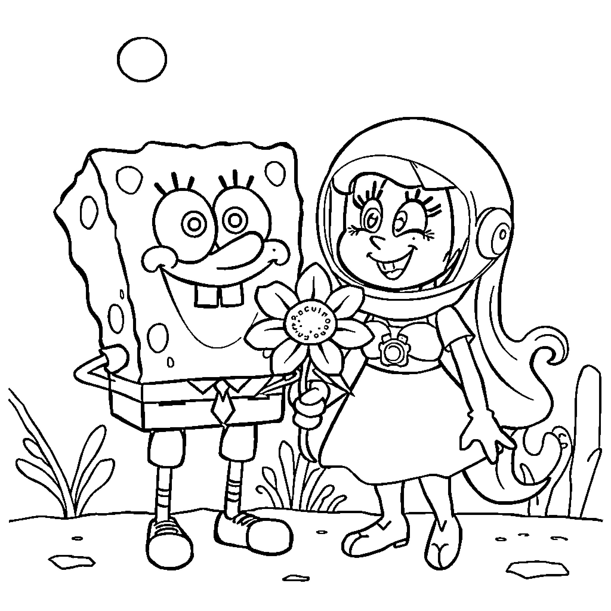 Spongebob and Sandy Cheeks in a friendly encounter Coloring Page (free black-and-white line drawing printable PDF for all, from beginners to advanced learners, including children, teens, adults, and seniors)