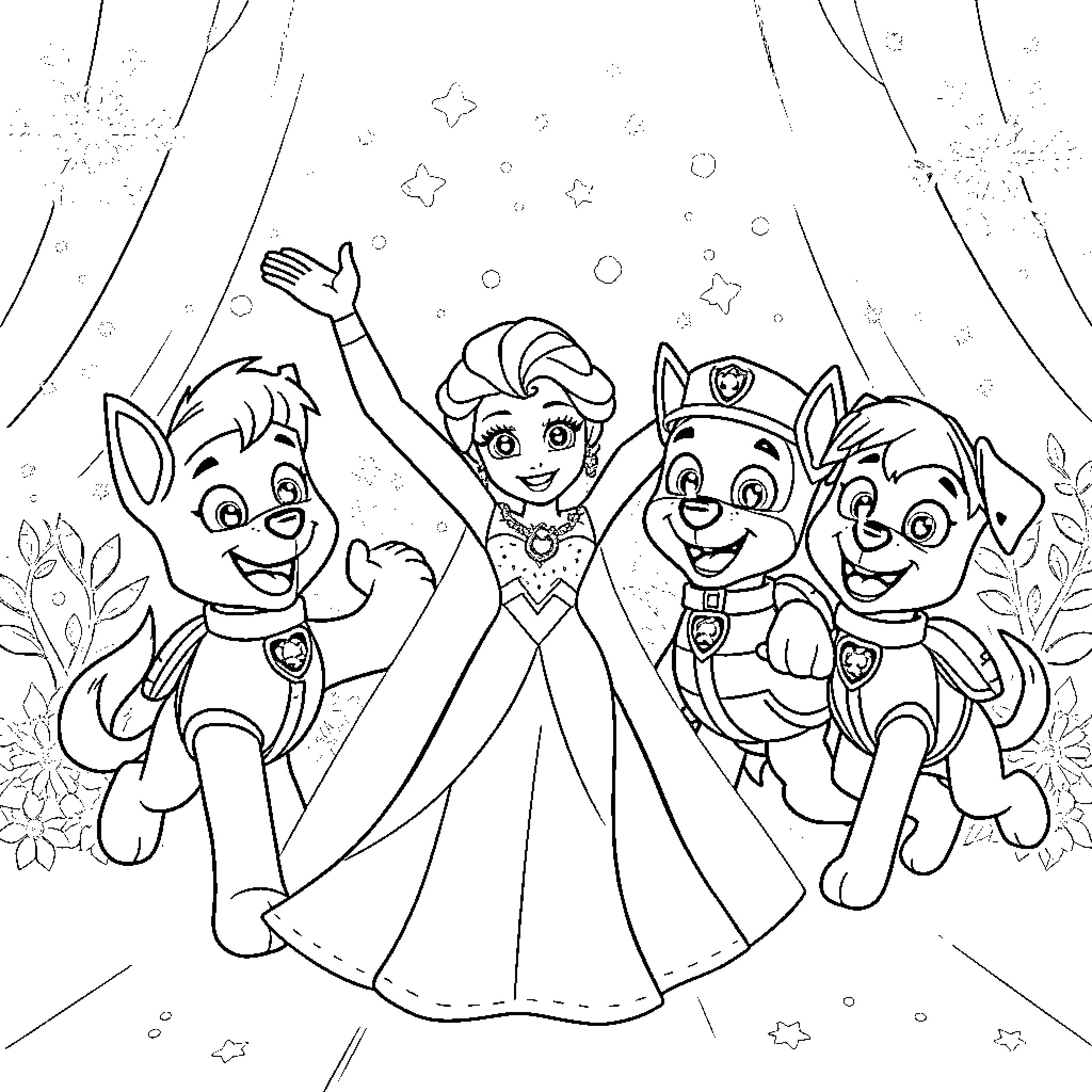 Paw Patrol characters in a magical winter scene Coloring Page (free black-and-white line drawing printable PDF for all, from beginners to advanced learners, including children, teens, adults, and seniors)