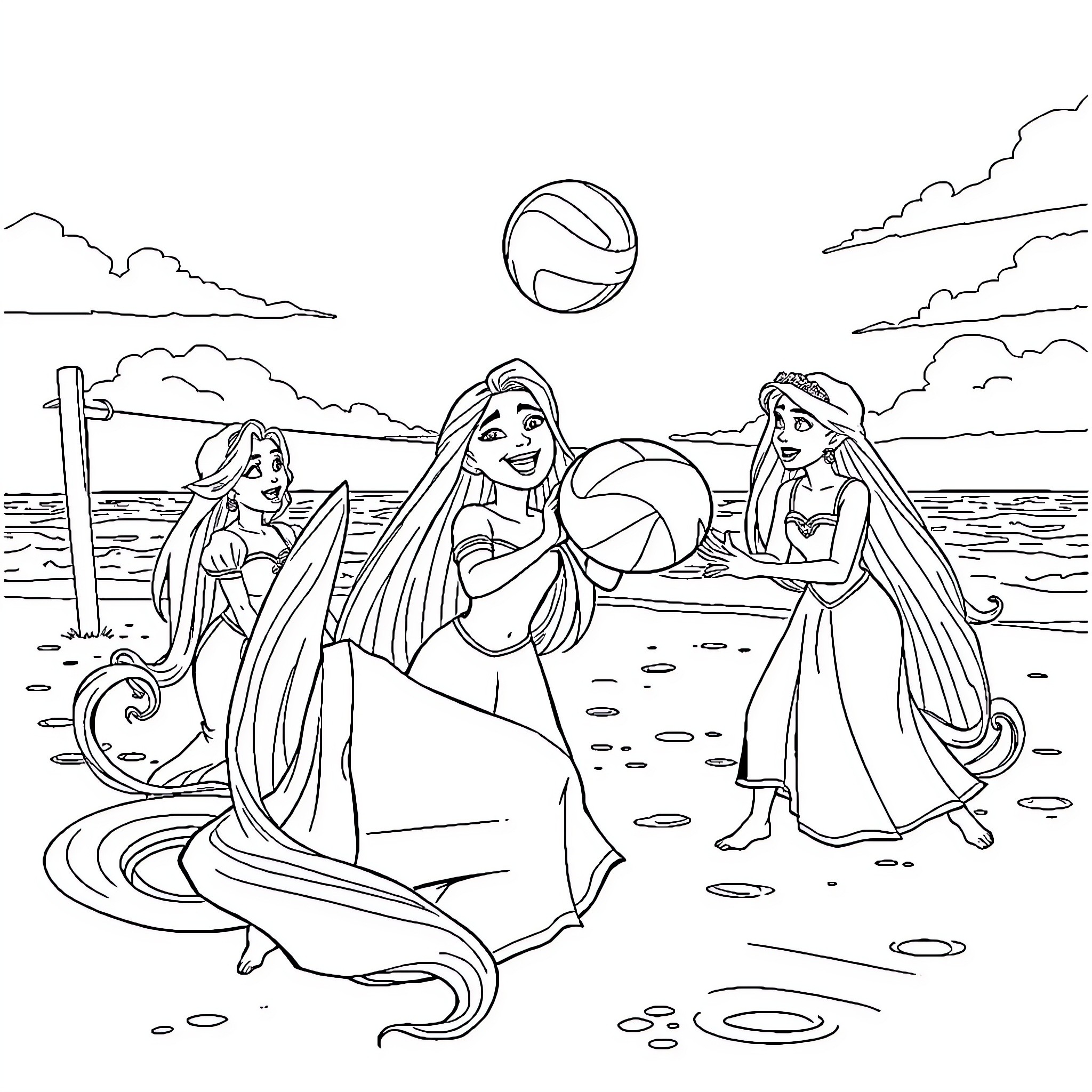 Rapunzel and friends enjoying a beach day Coloring Page (free black-and-white line drawing printable PDF for all, from beginners to advanced learners, including children, teens, adults, and seniors)