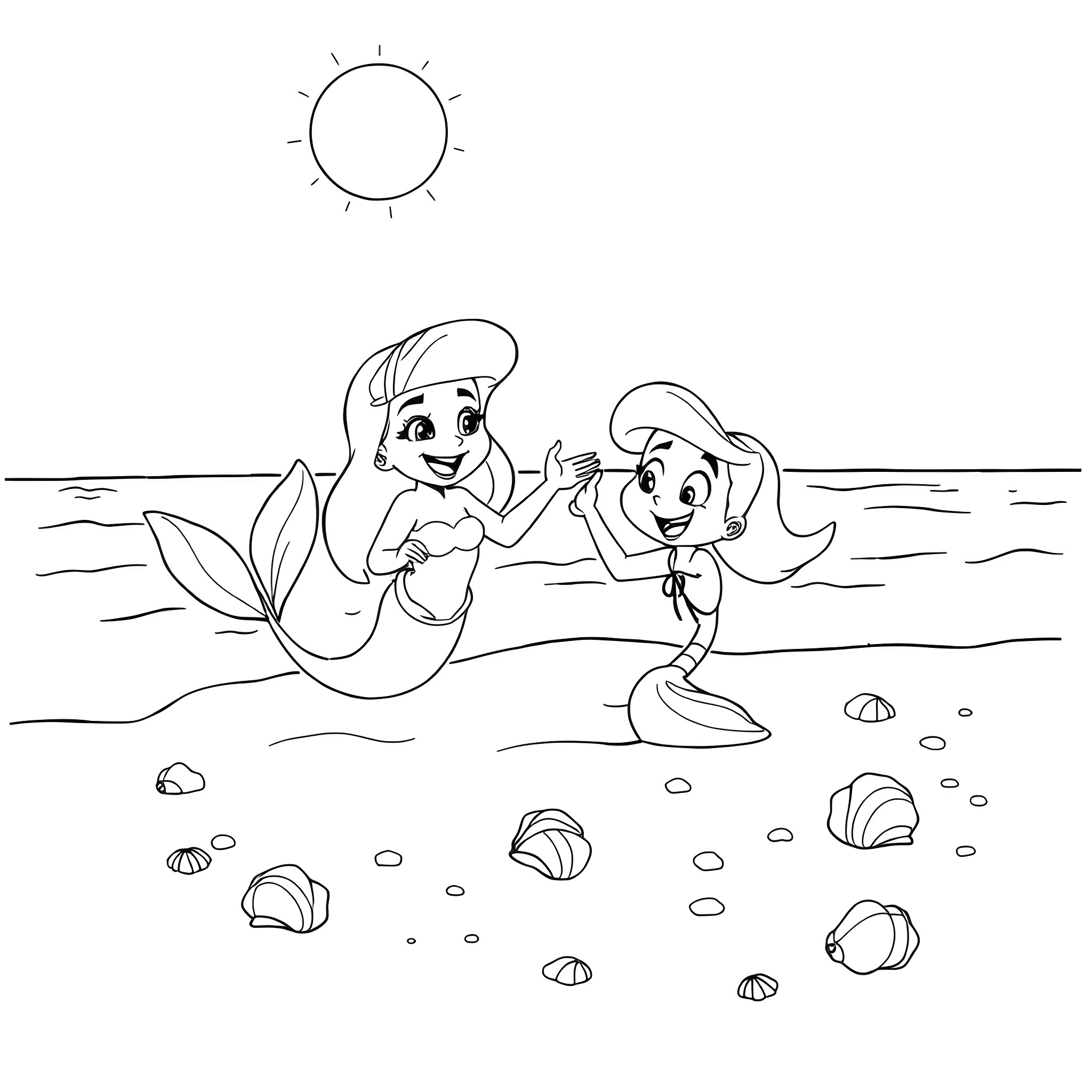 Ariel and her friend swimming in the ocean Coloring Page (free black-and-white line drawing printable PDF for all, from beginners to advanced learners, including children, teens, adults, and seniors)