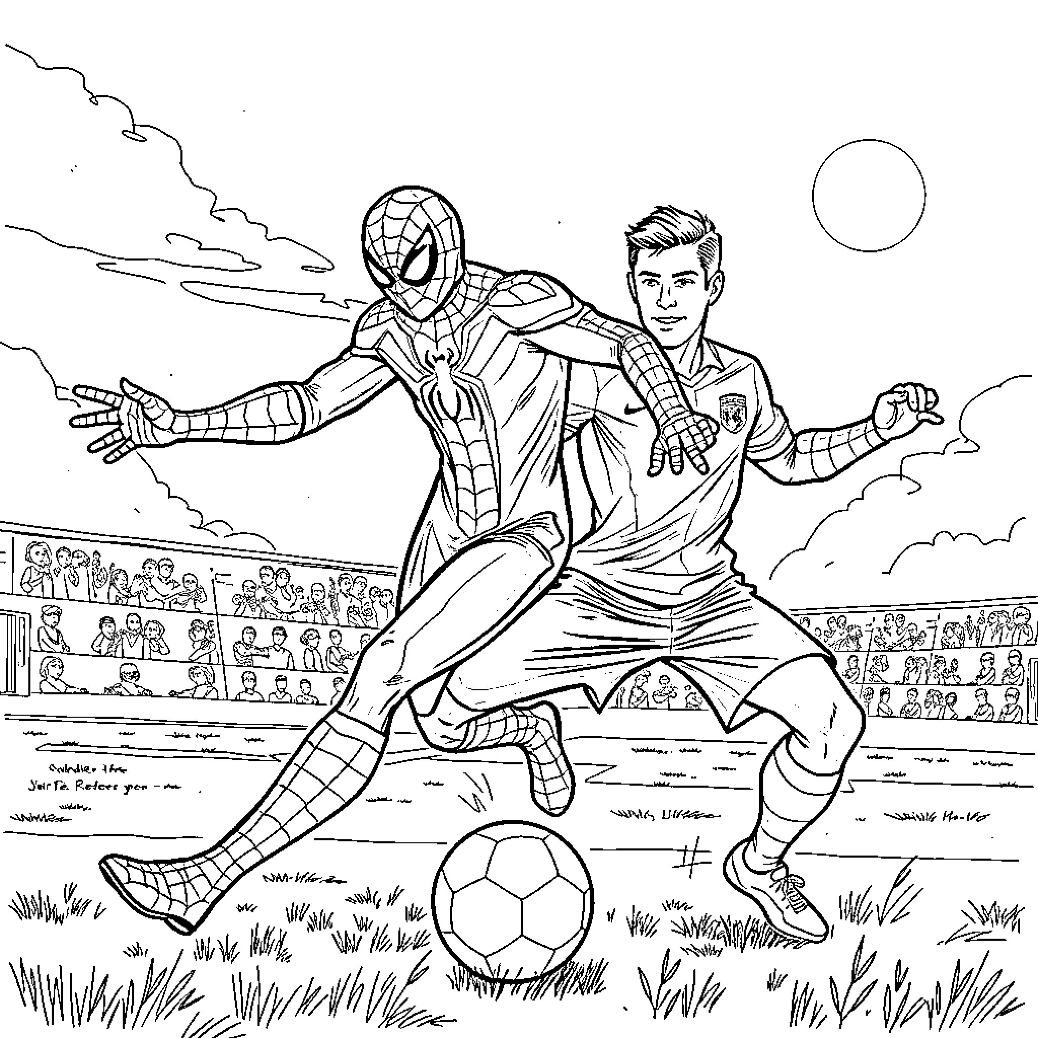 Spider-Man playing soccer with a young athlete Coloring Page (free black-and-white line drawing printable PDF for all, from beginners to advanced learners, including children, teens, adults, and seniors)