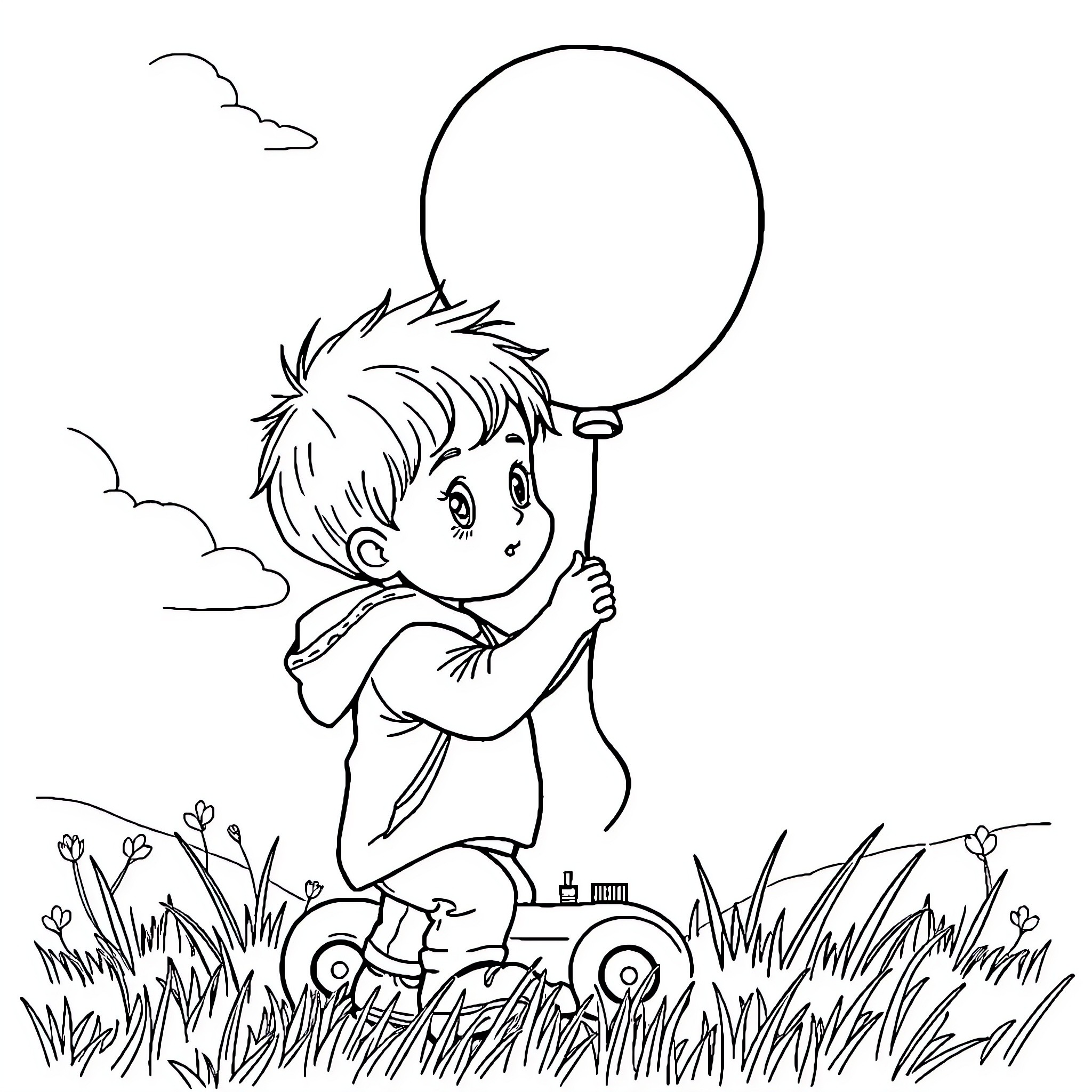 Balloon Boy Riding Tricycle in Grassy Field Coloring Page (free black-and-white line drawing printable PDF for all, from beginners to advanced learners, including children, teens, adults, and seniors)