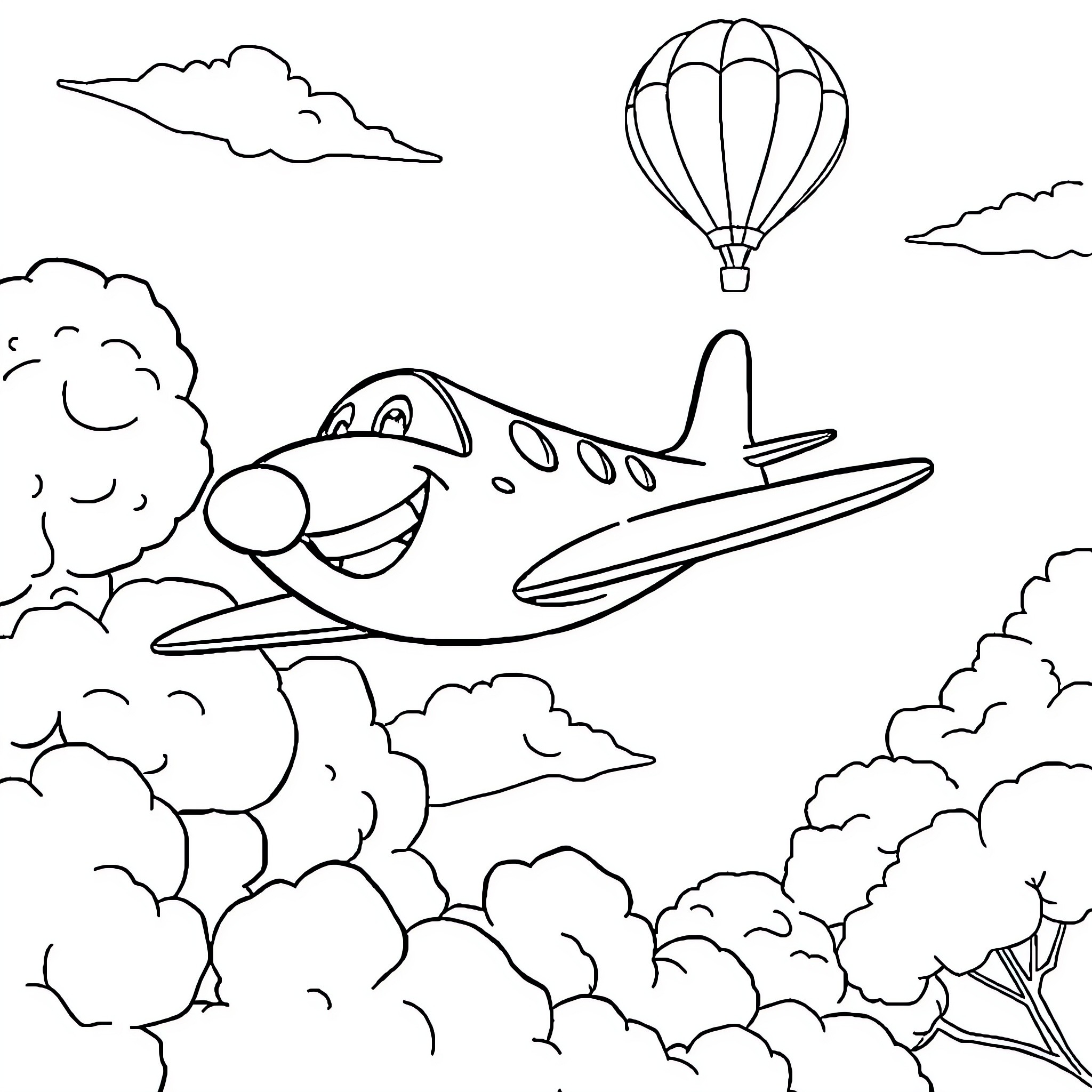 Aeroplane soaring through cloudy skies with hot air balloon Coloring Page (free black-and-white line drawing printable PDF for all, from beginners to advanced learners, including children, teens, adults, and seniors)