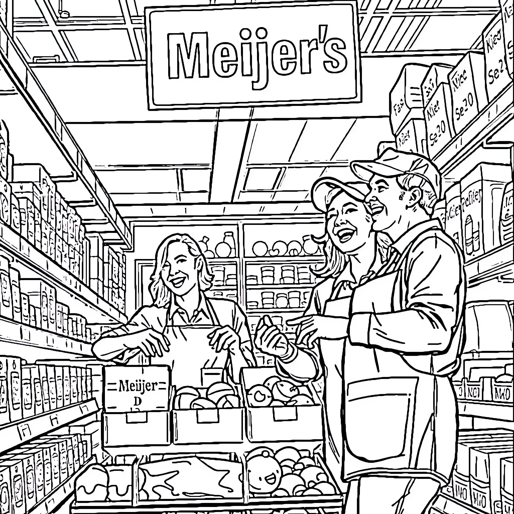 Employee Assisting Customers in Grocery Store Coloring Page (free black-and-white line drawing printable PDF for all, from beginners to advanced learners, including children, teens, adults, and seniors)