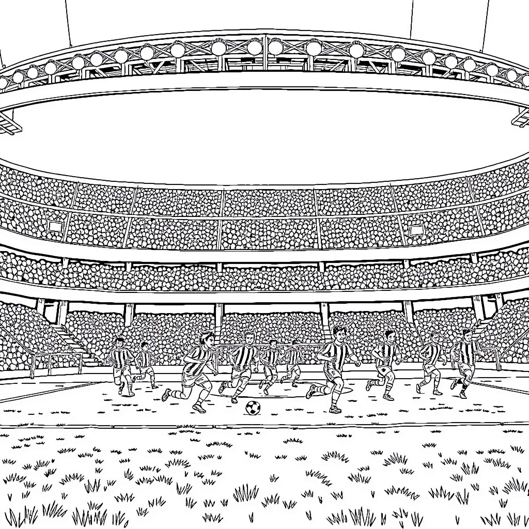 Soccer Team Playing in a Stadium Coloring Page (free black-and-white line drawing printable PDF for all, from beginners to advanced learners, including children, teens, adults, and seniors)