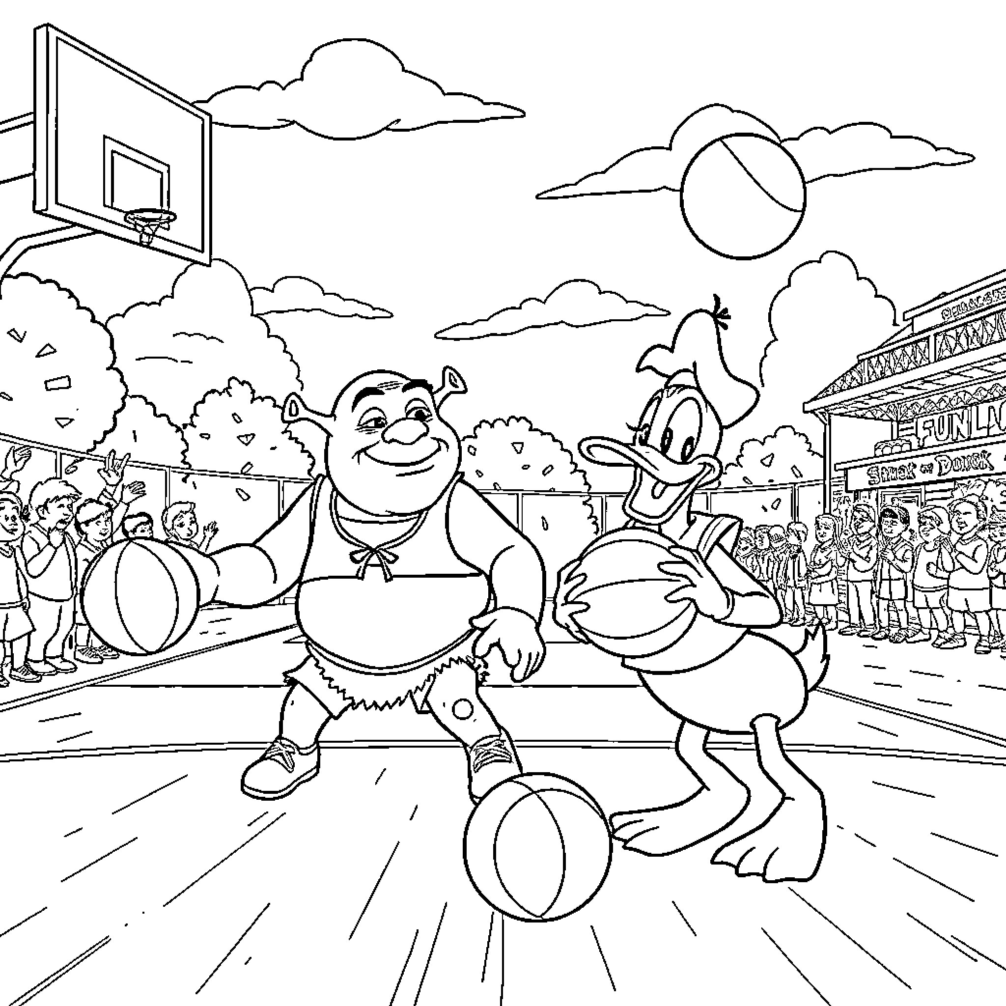 Shrek and Donkey playing basketball on a sunny day Coloring Page (free black-and-white line drawing printable PDF for all, from beginners to advanced learners, including children, teens, adults, and seniors)