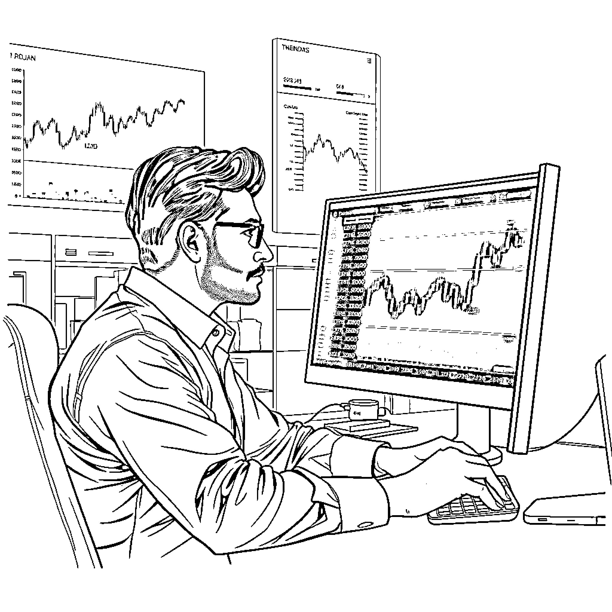 Man analyzing financial charts and data on computer Coloring Page (free black-and-white line drawing printable PDF for all, from beginners to advanced learners, including children, teens, adults, and seniors)
