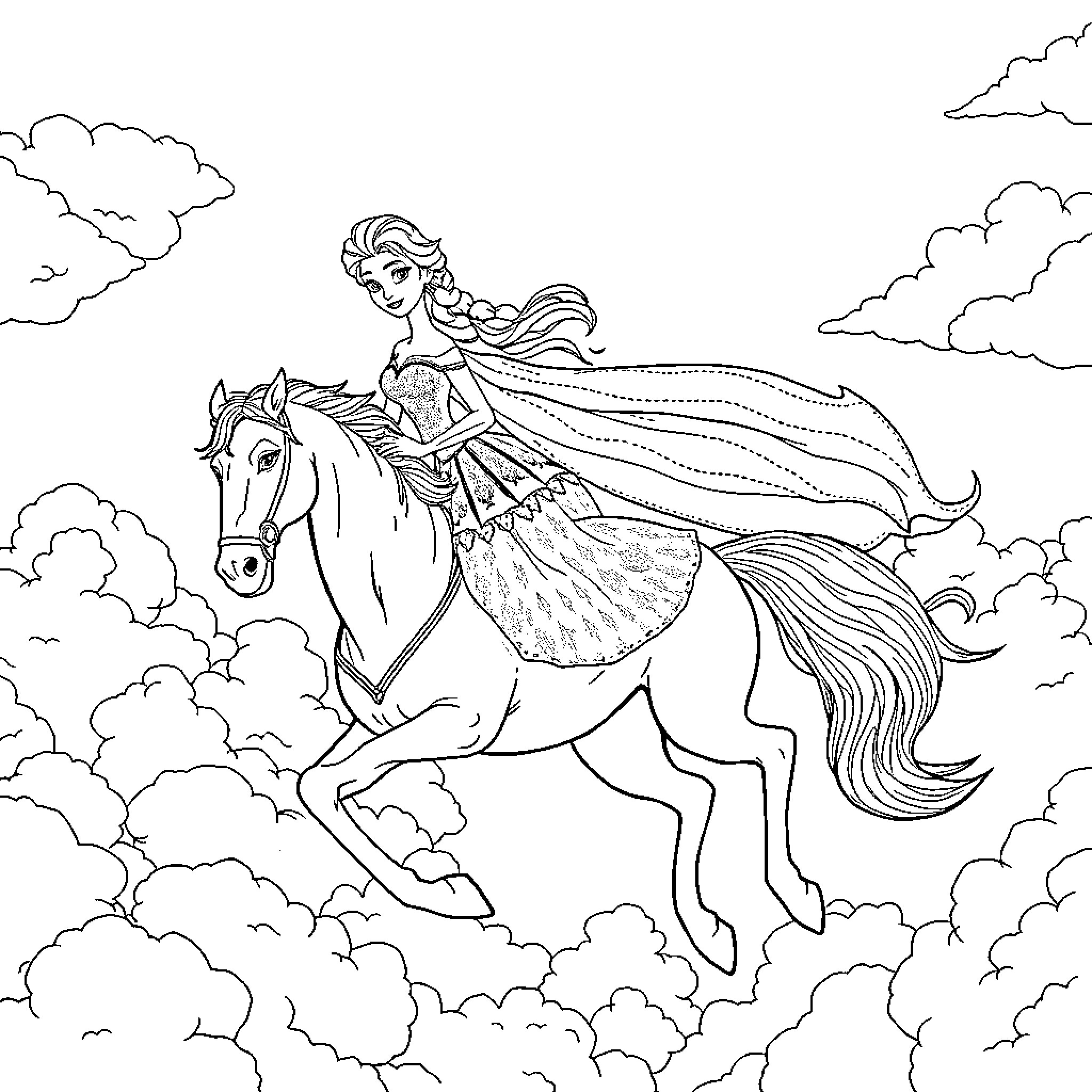 Elsa riding a majestic horse through the clouds Coloring Page (free black-and-white line drawing printable PDF for all, from beginners to advanced learners, including children, teens, adults, and seniors)