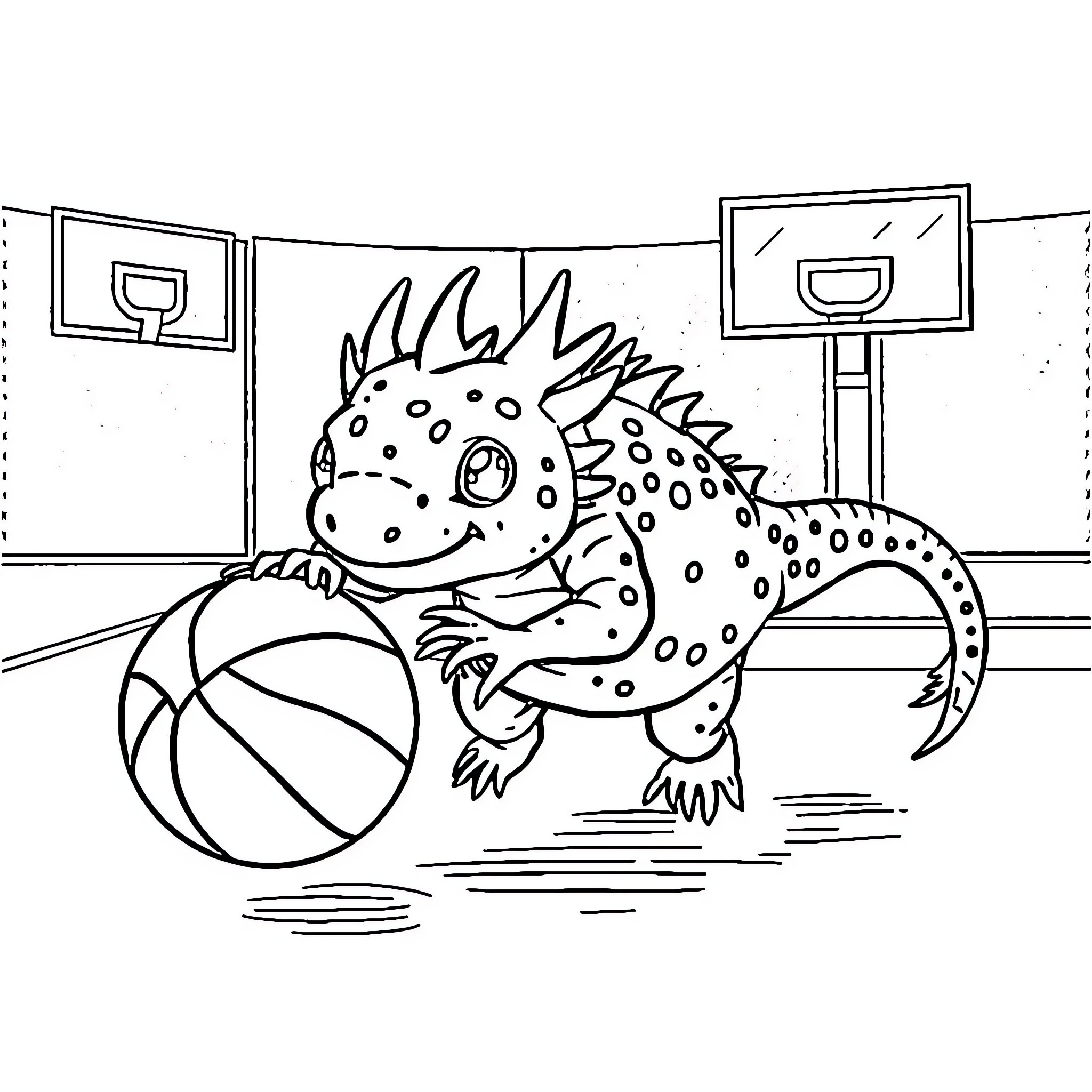 Axolotl playing with basketball in gym Coloring Page (free black-and-white line drawing printable PDF for all, from beginners to advanced learners, including children, teens, adults, and seniors)