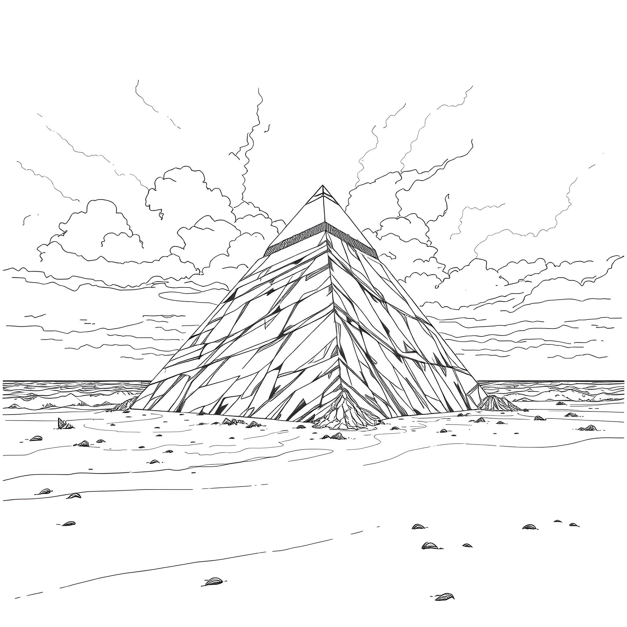 Pyramid Head rising from stormy clouds and waves Coloring Page (free black-and-white line drawing printable PDF for all, from beginners to advanced learners, including children, teens, adults, and seniors)