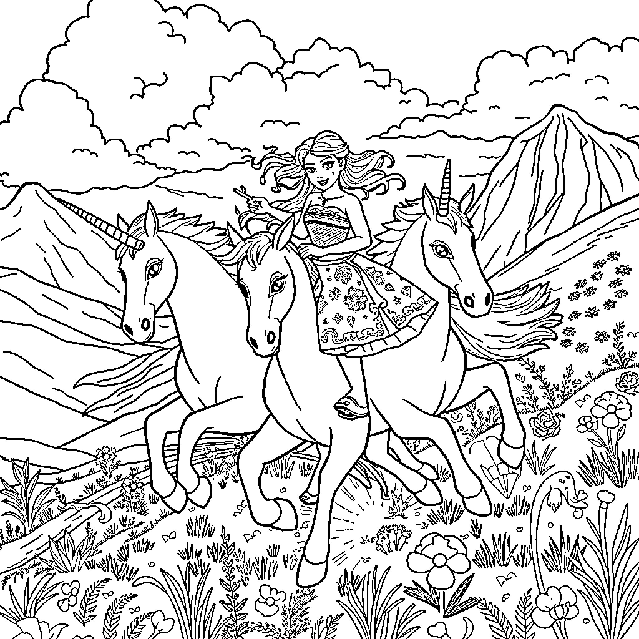 Moana riding unicorns in a magical landscape Coloring Page (free black-and-white line drawing printable PDF for all, from beginners to advanced learners, including children, teens, adults, and seniors)