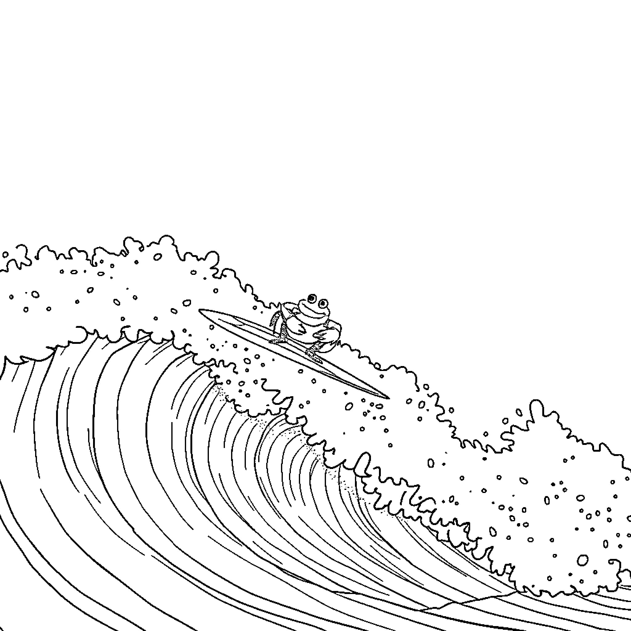 Crab surfing on a giant wave Coloring Page (free black-and-white line drawing printable PDF for all, from beginners to advanced learners, including children, teens, adults, and seniors)