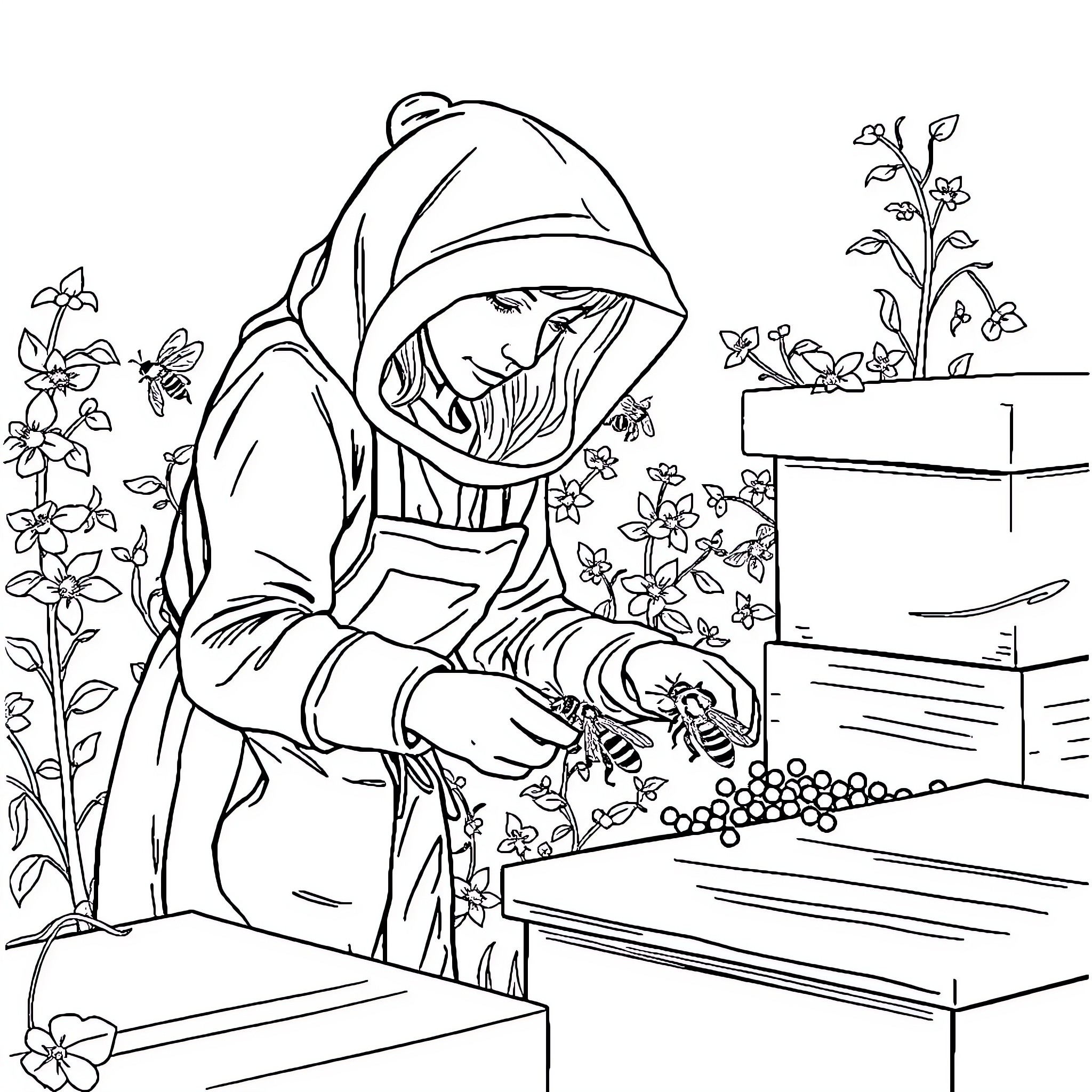 Beekeeper tending to honeybees and hives in the garden Coloring Page (free black-and-white line drawing printable PDF for all, from beginners to advanced learners, including children, teens, adults, and seniors)