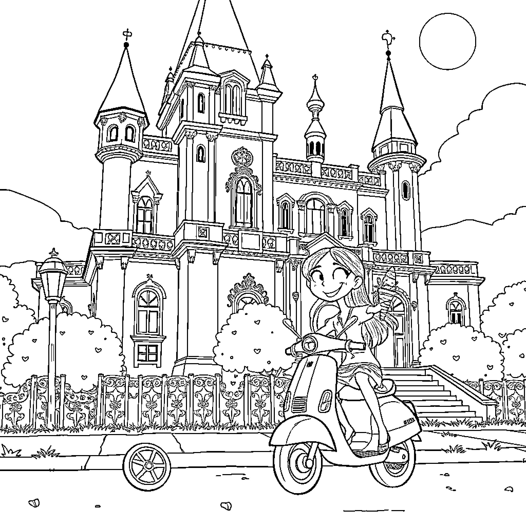 Coraline's Enchanting Adventure at the Whimsical Castle Coloring Page (free black-and-white line drawing printable PDF for all, from beginners to advanced learners, including children, teens, adults, and seniors)