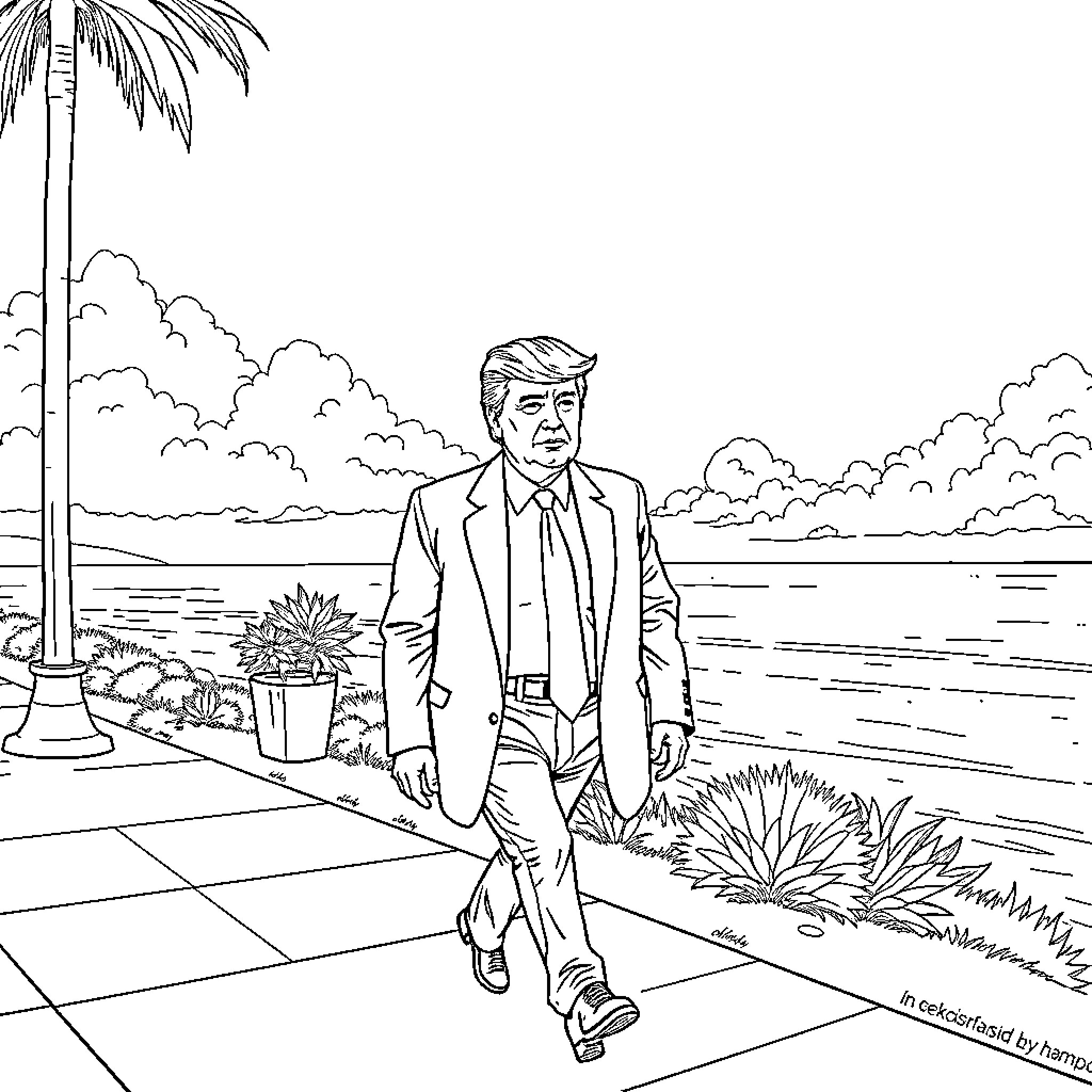 Donald Trump walking on a tropical beach Coloring Page (free black-and-white line drawing printable PDF for all, from beginners to advanced learners, including children, teens, adults, and seniors)