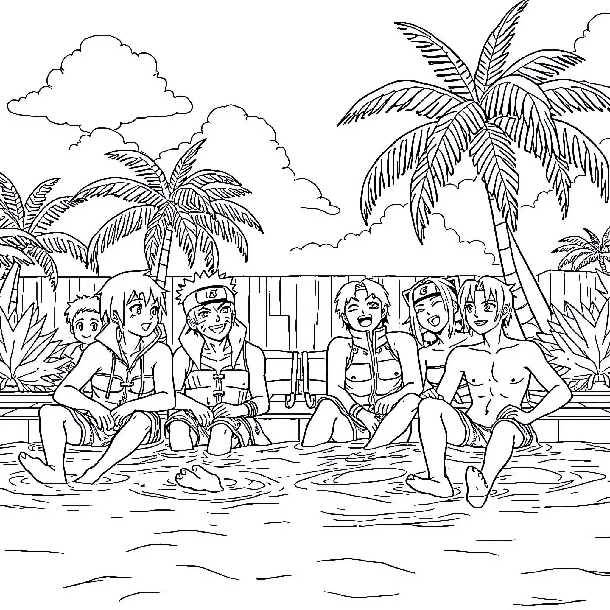 Naruto characters enjoying a day at the beach Coloring Page (free black-and-white line drawing printable PDF for all, from beginners to advanced learners, including children, teens, adults, and seniors)