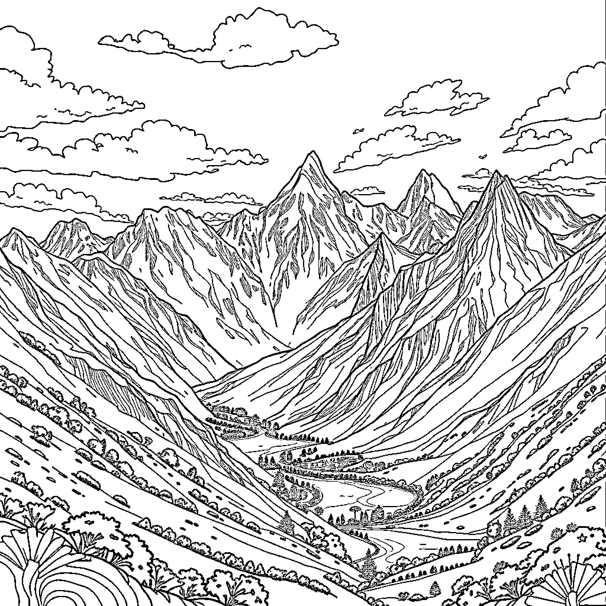 Peru: Majestic Mountain Peaks and Winding Valleys Coloring Page (free black-and-white line drawing printable PDF for all, from beginners to advanced learners, including children, teens, adults, and seniors)