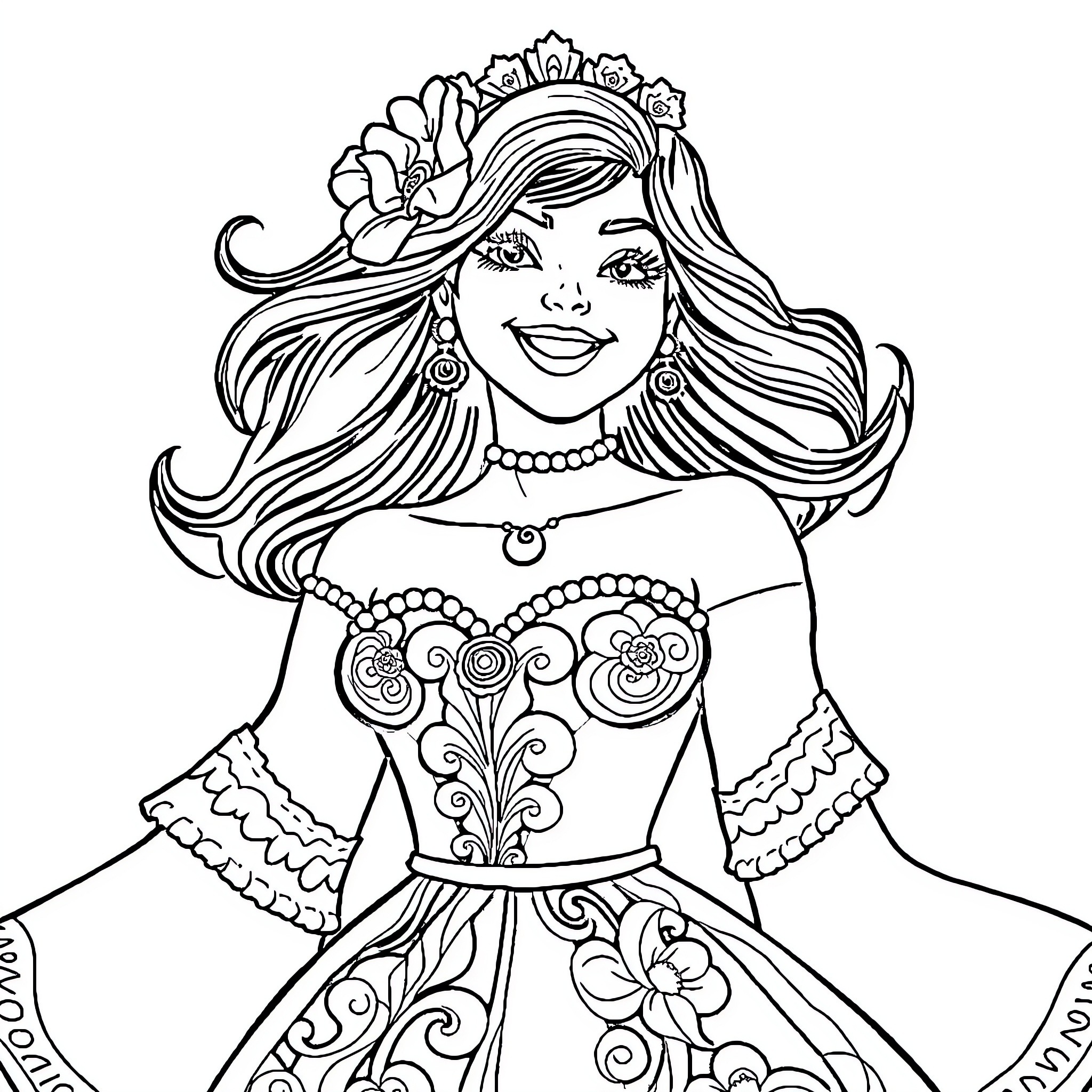 Chess Lady in Ornate Dress and Headdress Coloring Page (free black-and-white line drawing printable PDF for all, from beginners to advanced learners, including children, teens, adults, and seniors)