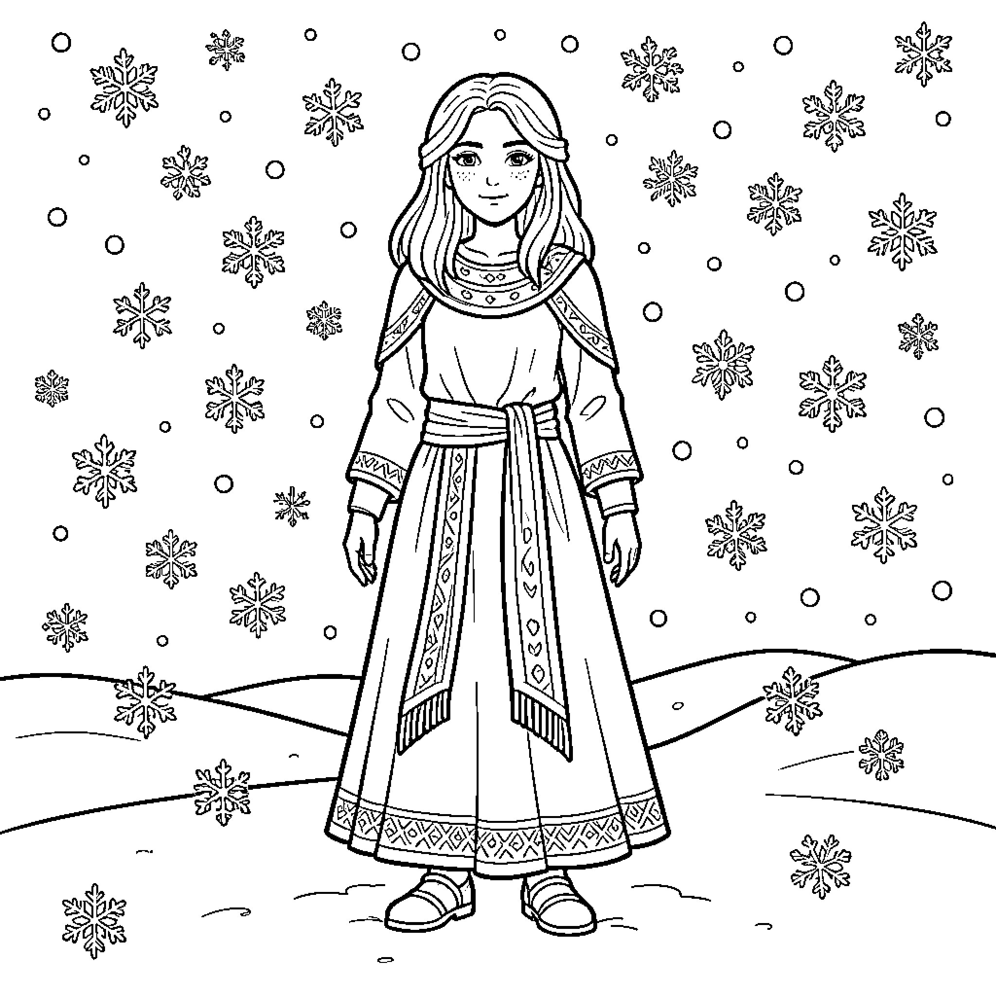Cirene standing calmly amidst falling snowflakes Coloring Page (free black-and-white line drawing printable PDF for all, from beginners to advanced learners, including children, teens, adults, and seniors)