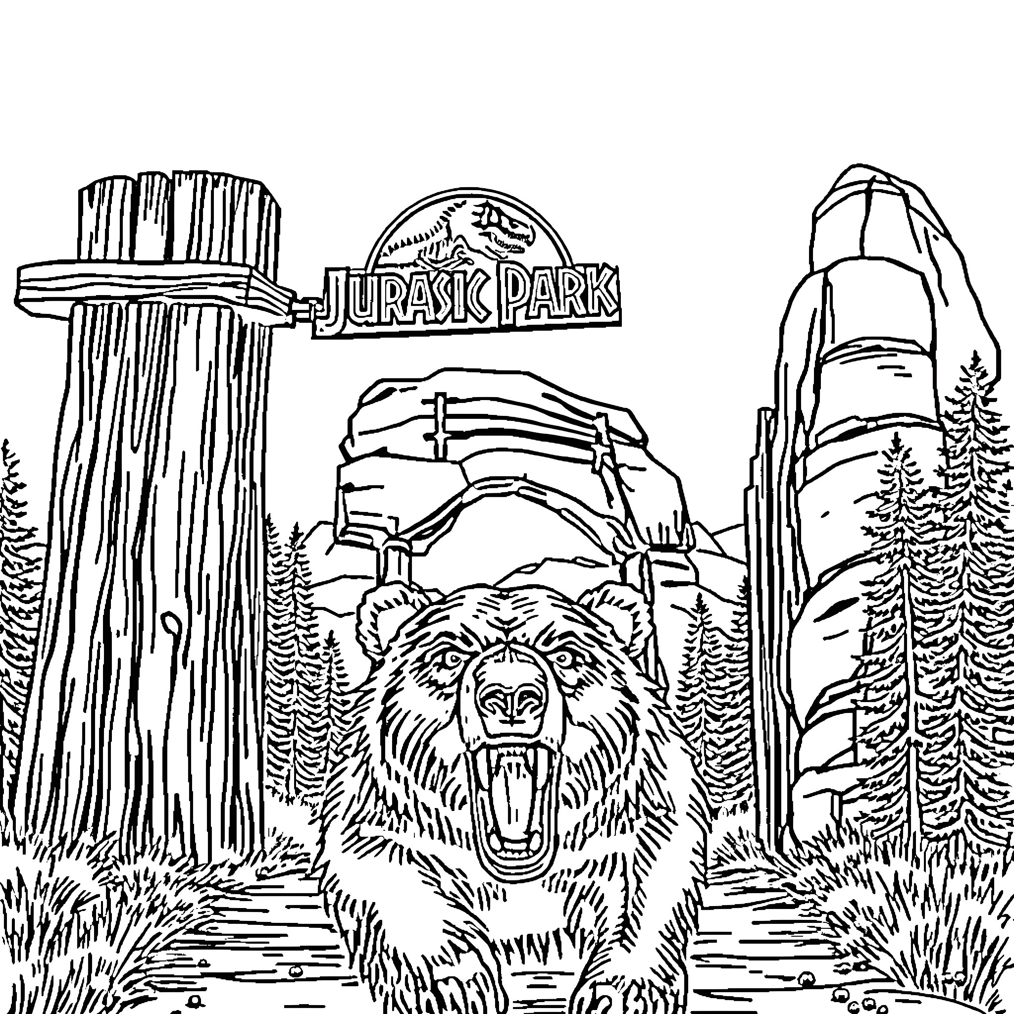 Grizzly Bear roaring in Jurassic Park wilderness Coloring Page (free black-and-white line drawing printable PDF for all, from beginners to advanced learners, including children, teens, adults, and seniors)