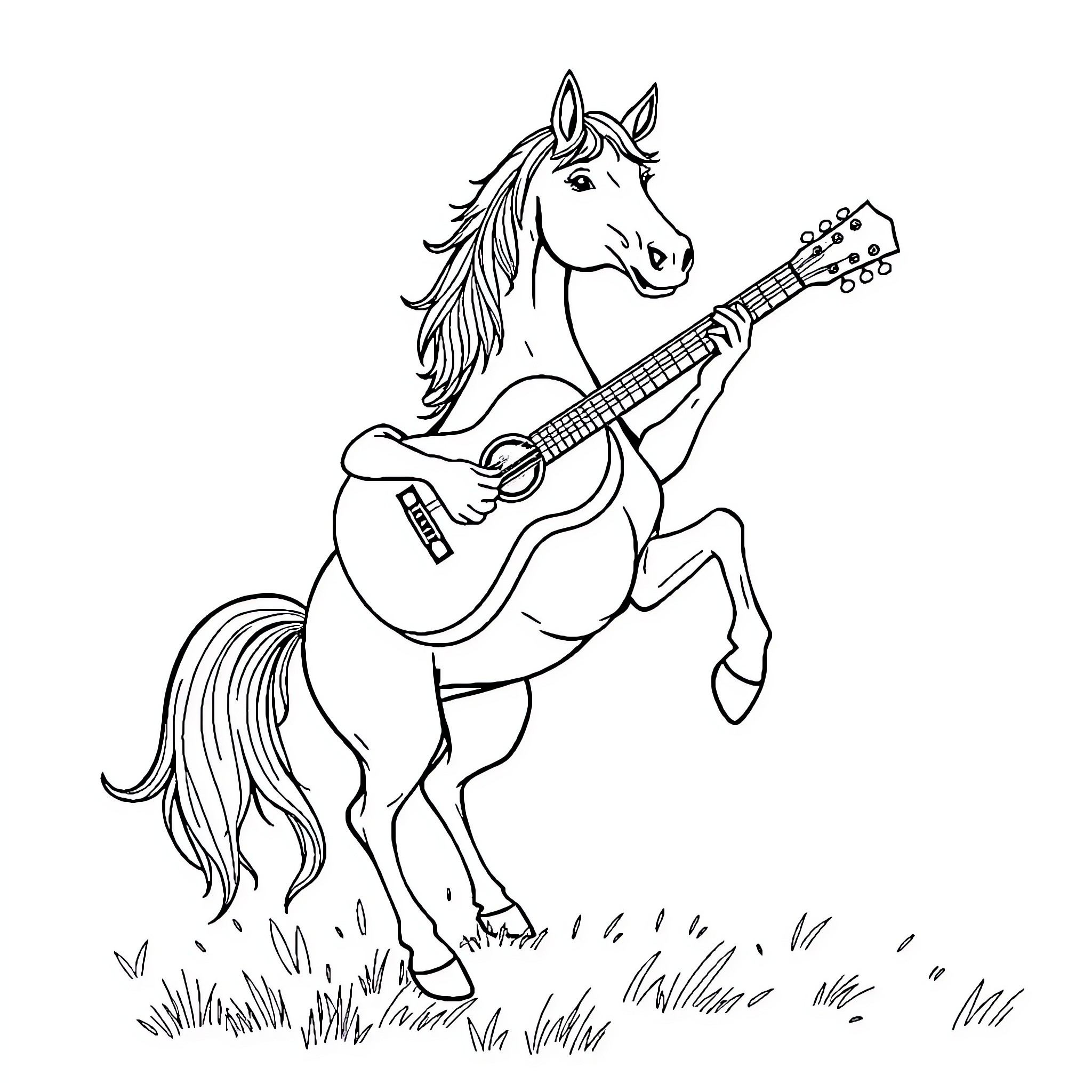 Horse playing guitar in the meadow Coloring Page (free black-and-white line drawing printable PDF for all, from beginners to advanced learners, including children, teens, adults, and seniors)