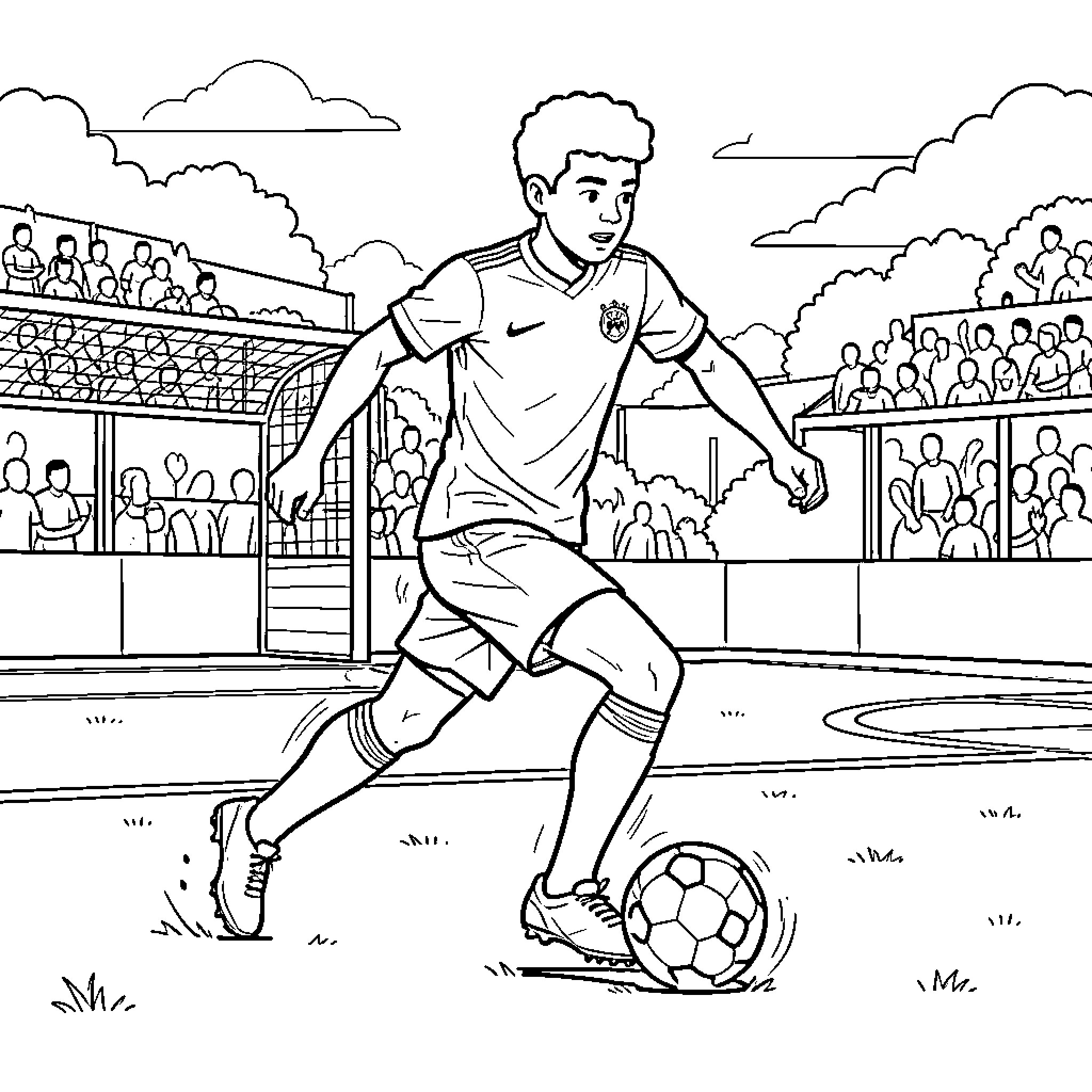 Michael Olise dribbling a soccer ball during a match Coloring Page (free black-and-white line drawing printable PDF for all, from beginners to advanced learners, including children, teens, adults, and seniors)